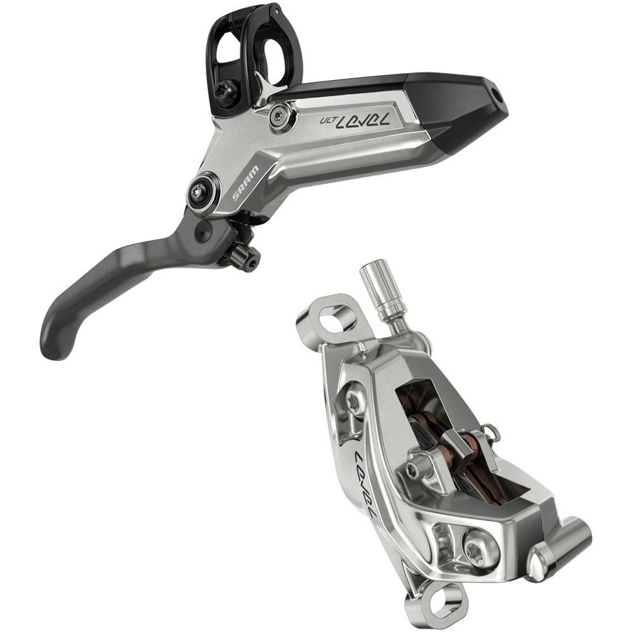SRAM Level Ultimate Stealth Disc Brake Set - 4 Piston Hydraulic MTB Brakes with Carbon Lever & Titanium Hardware (Front, Post Mount, Black/Silver, C1) | Perfect for Downhill & Enduro Mountain Biking