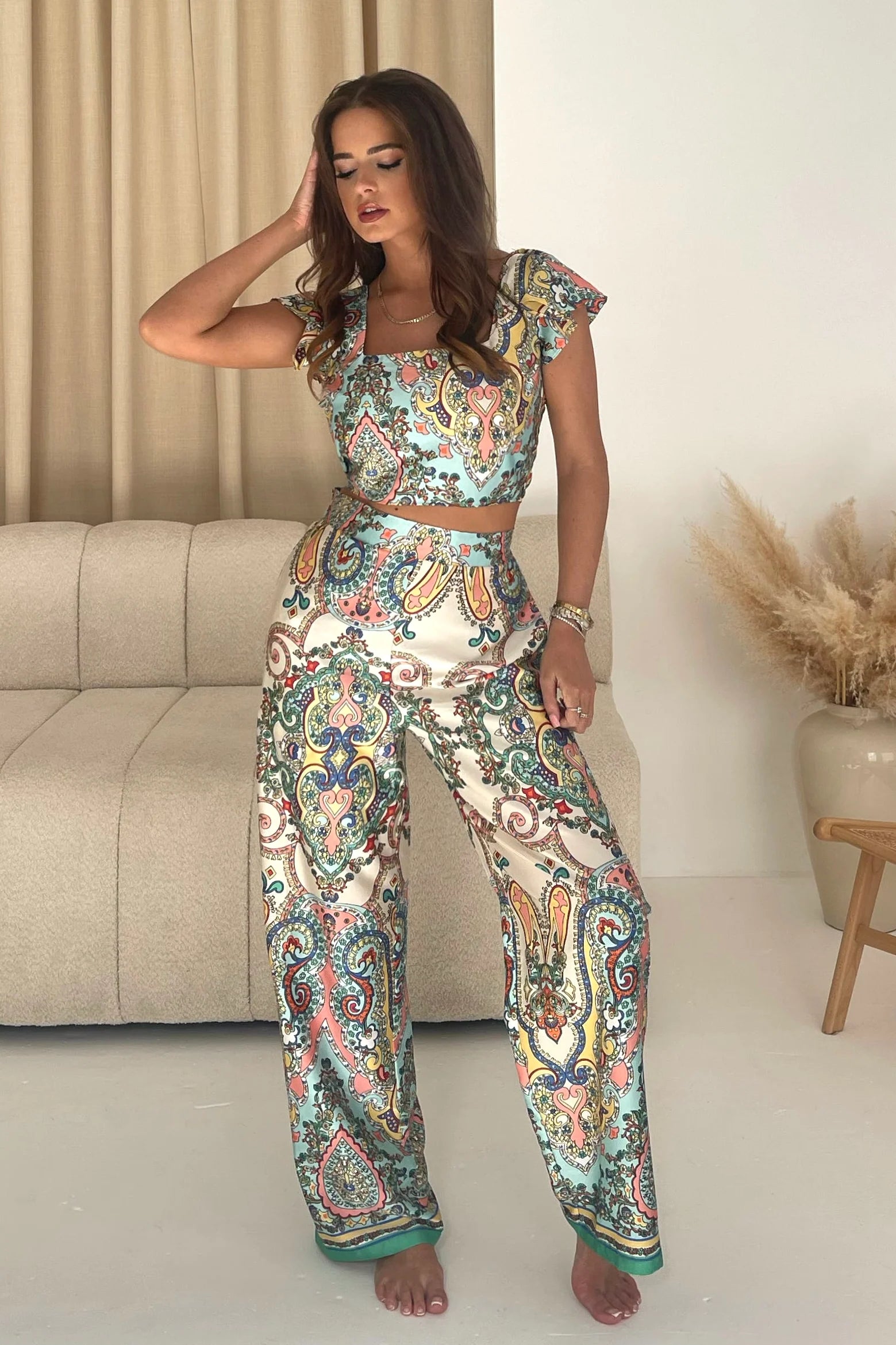 Blossom Paisley Print Women's Casual Pants - Blue Bohemian Floral Trousers for Spring Summer Outfits, Travel & Beach Vacations