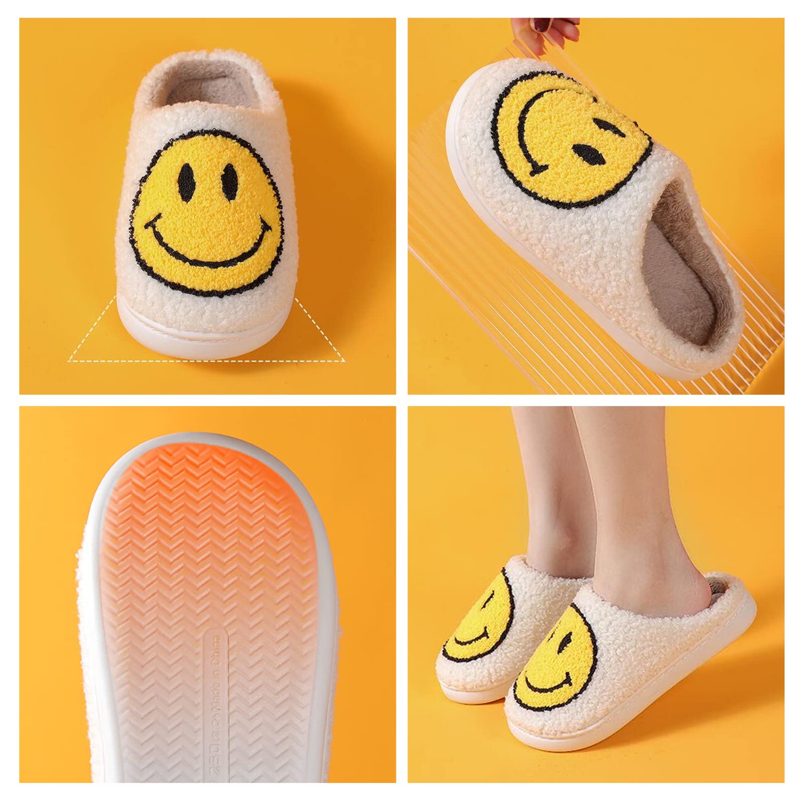 Women's Smile Face Slippers - Soft Plush Retro Preppy Happy Face Slip-On Slippers for Indoor & Outdoor Use | Cozy House Shoes for Relaxing at Home, Lounging, or Quick Errands
