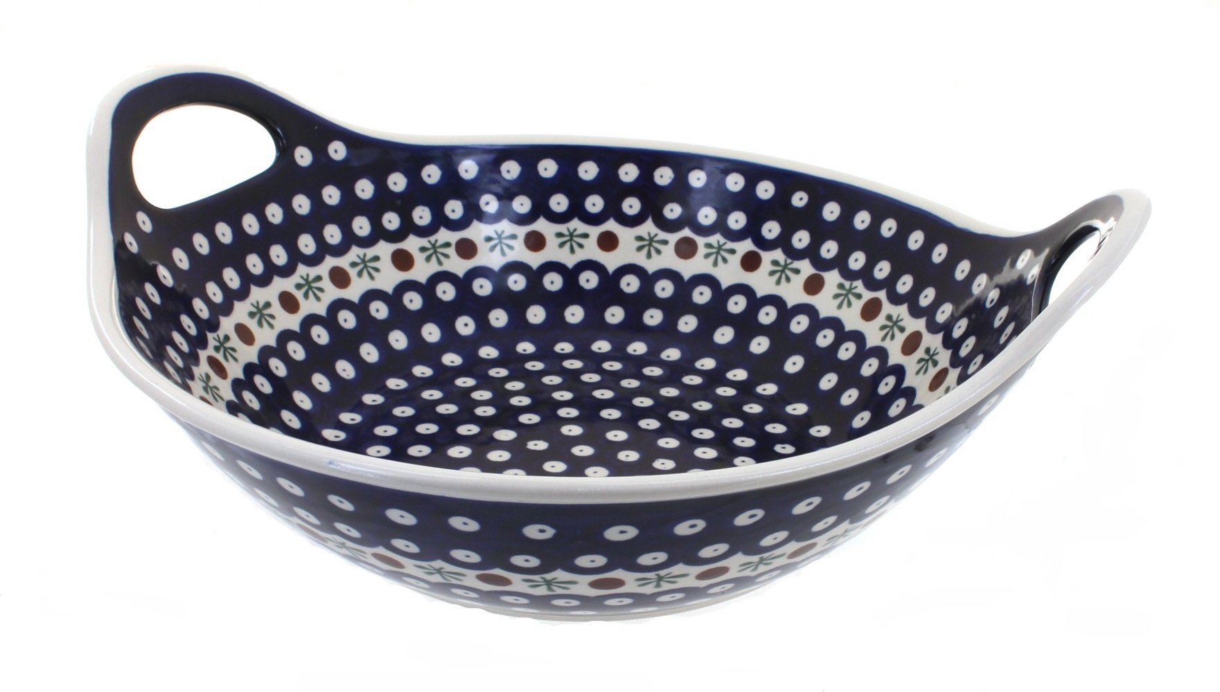 Handmade Blue Rose Polish Pottery Deep Bowl with Handles - Nature Inspired Ceramic Serving Bowl for Soup, Salad & Home Decor
