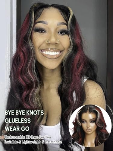 Bye Bye Knots Glueless Wig 7x5 Pre Cut Lace Body Wave Red Black Highlight Color