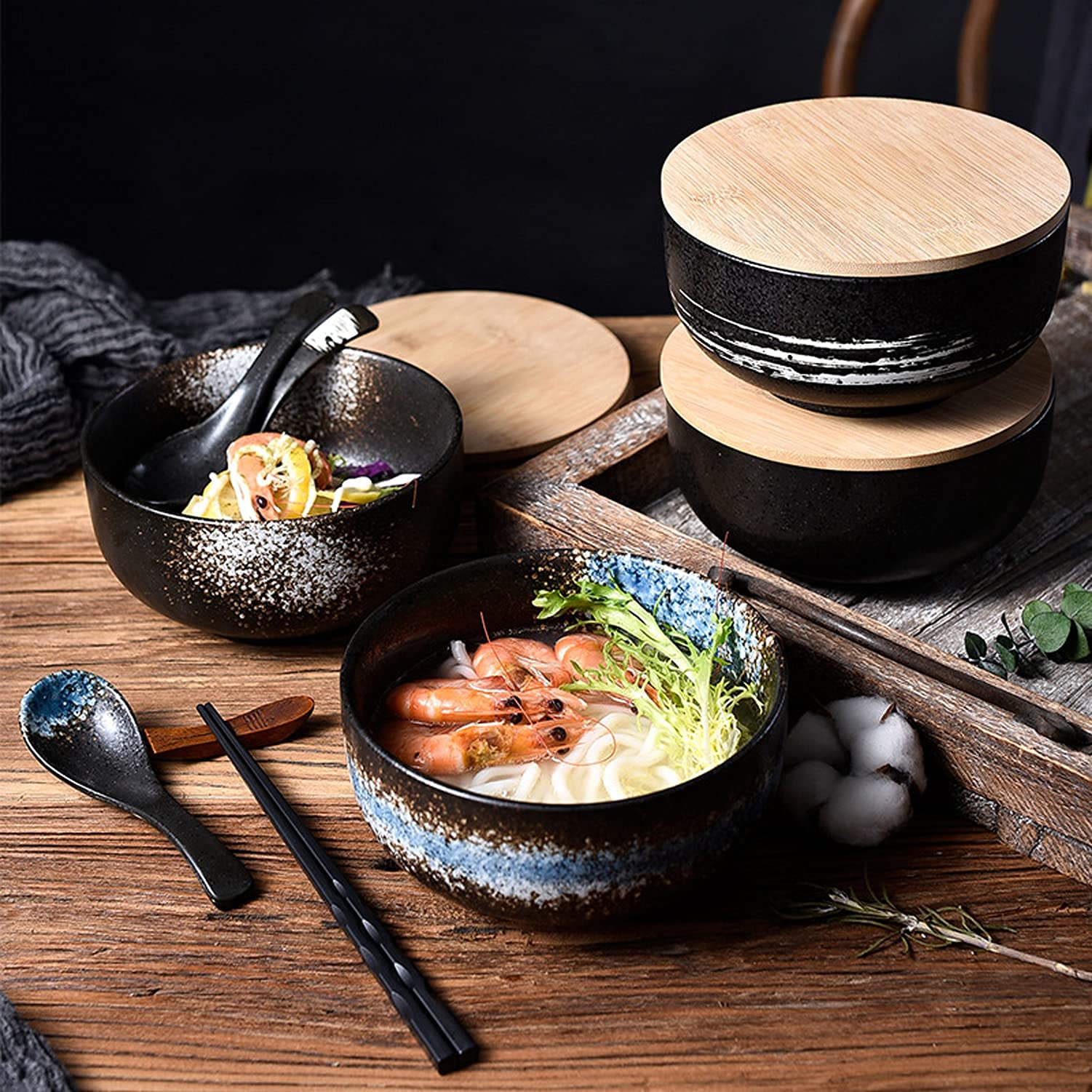 Japanese Style Ceramic Ramen Bowl - 50oz Large Capacity Vintage Noodle Bowl with Chopsticks & Spoon, Perfect for Ramen, Udon, Pho, Salad & Soup - Ideal for Home Dining, Restaurant Use & Gift Giving