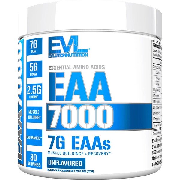 EVLution Nutrition EAA 7000 Essential Amino Acids Powder - Unflavored 237g for Muscle Recovery & Workout Performance | Pre & Post Workout Supplement for Athletes & Fitness Enthusiasts