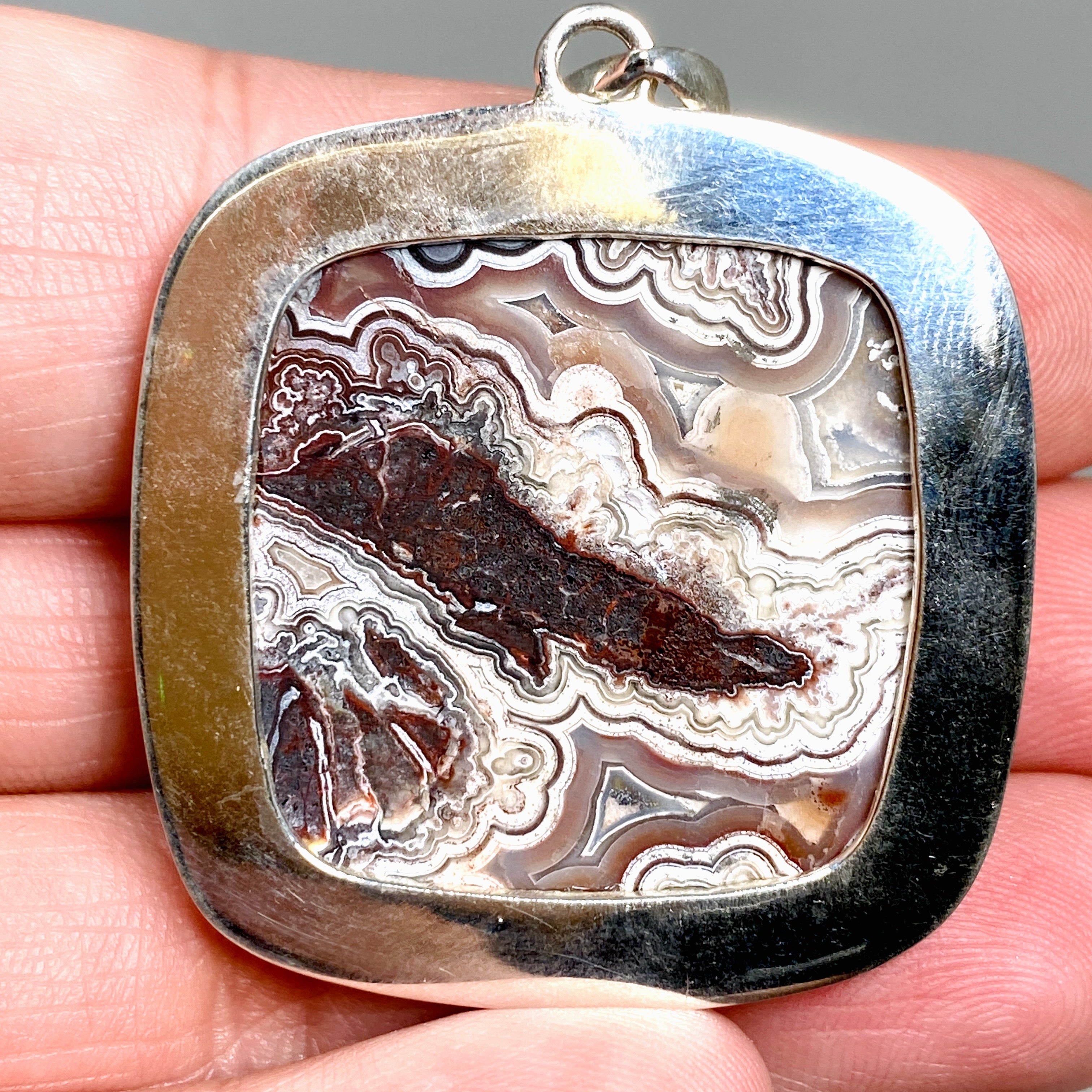 Mexican Crazy Lace Agate Square Pendant - Handcrafted Hammered Silver Jewelry KPGJ4575 | Perfect for Boho Chic Outfits & Spiritual Healing