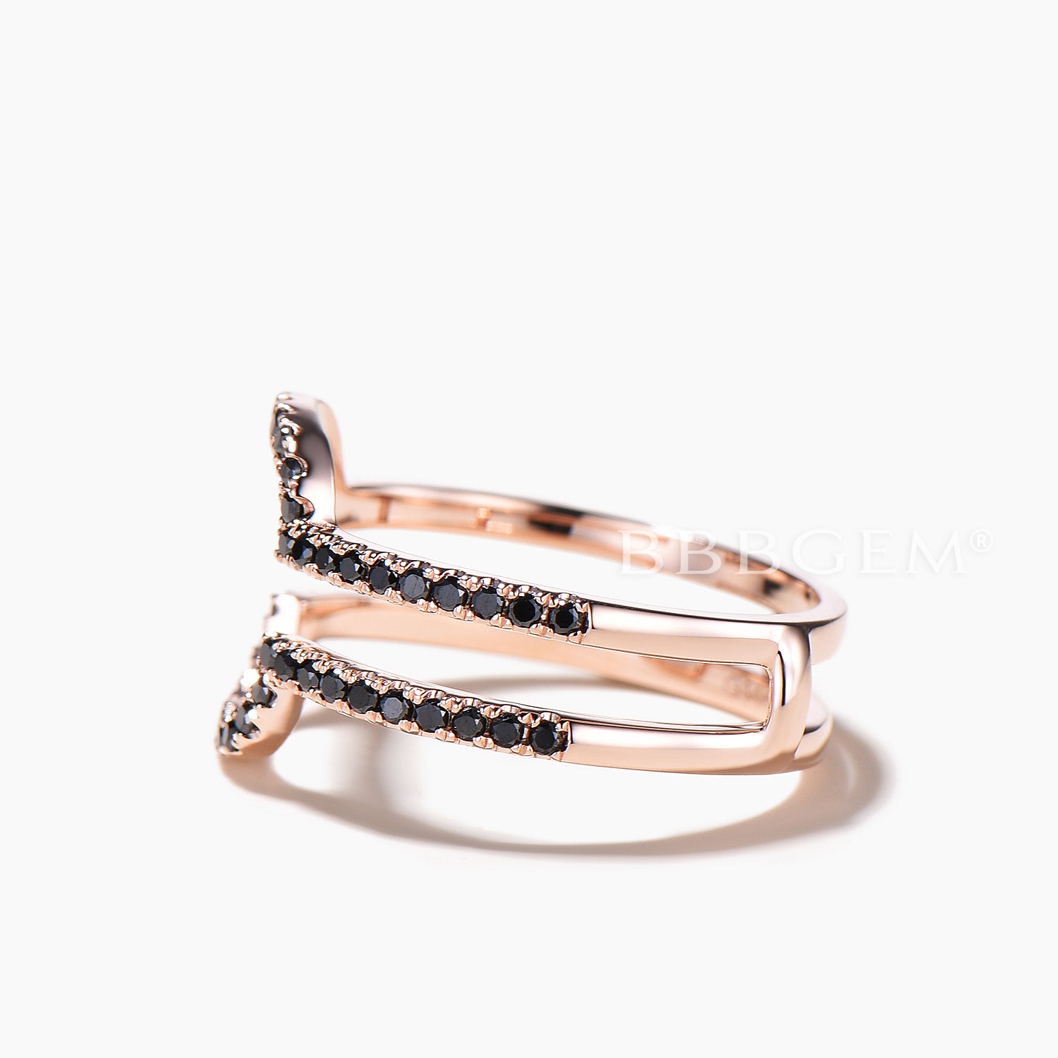Exquisite Round Cut Black Spinel Double U Curved Wedding Band Ring Enhancer in Rose Gold | Perfect for Bridal Stacking, Anniversary Gifts & Special Occasions