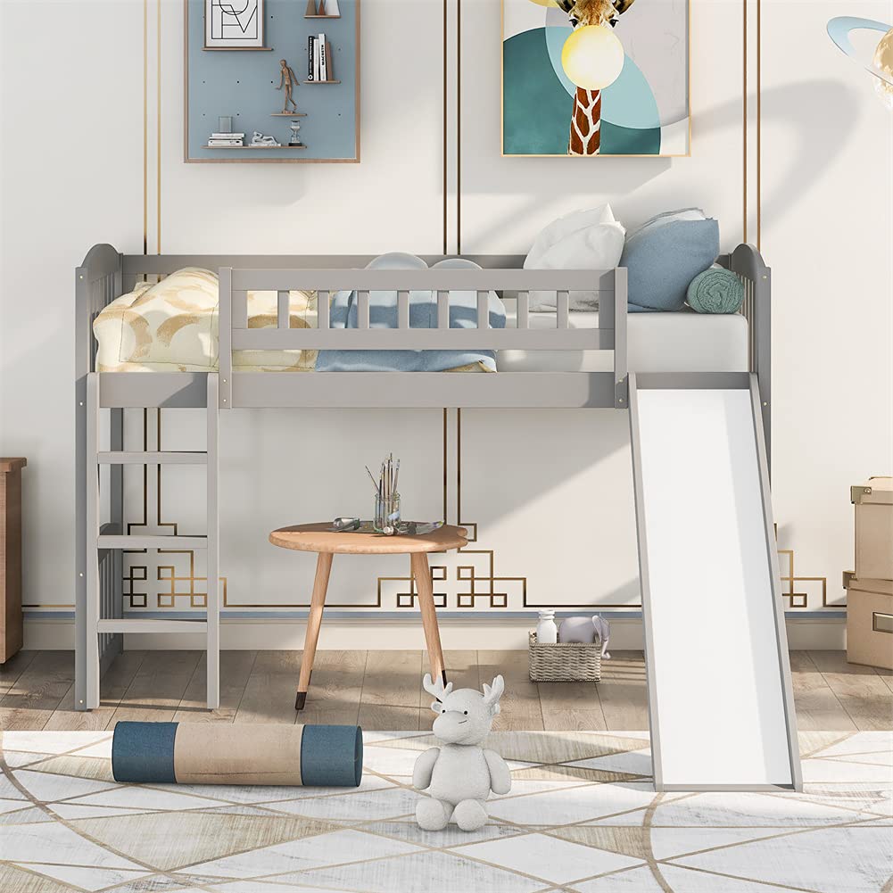 Kids Twin Loft Bed with Slide & Ladder - Low Profile Wooden Mini Loft Bed for Small Spaces, No Box Spring Needed (Gray) | Perfect for Small Bedrooms, Playrooms & Kids' Sleepovers