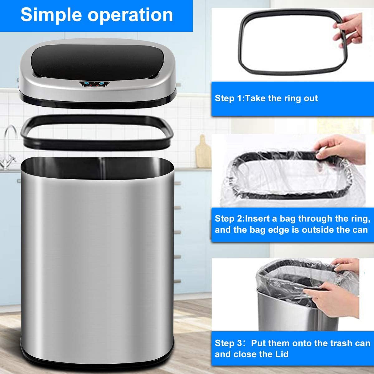 Stainless Steel Automatic Touchless Trash Can 13 Gallon/50L with Lid - High Capacity Kitchen Garbage Bin for Home, Office, Bathroom & Restroom - Brushed Silver Large Dustbin | Hands-Free Waste Disposal for Hygienic Living Spaces