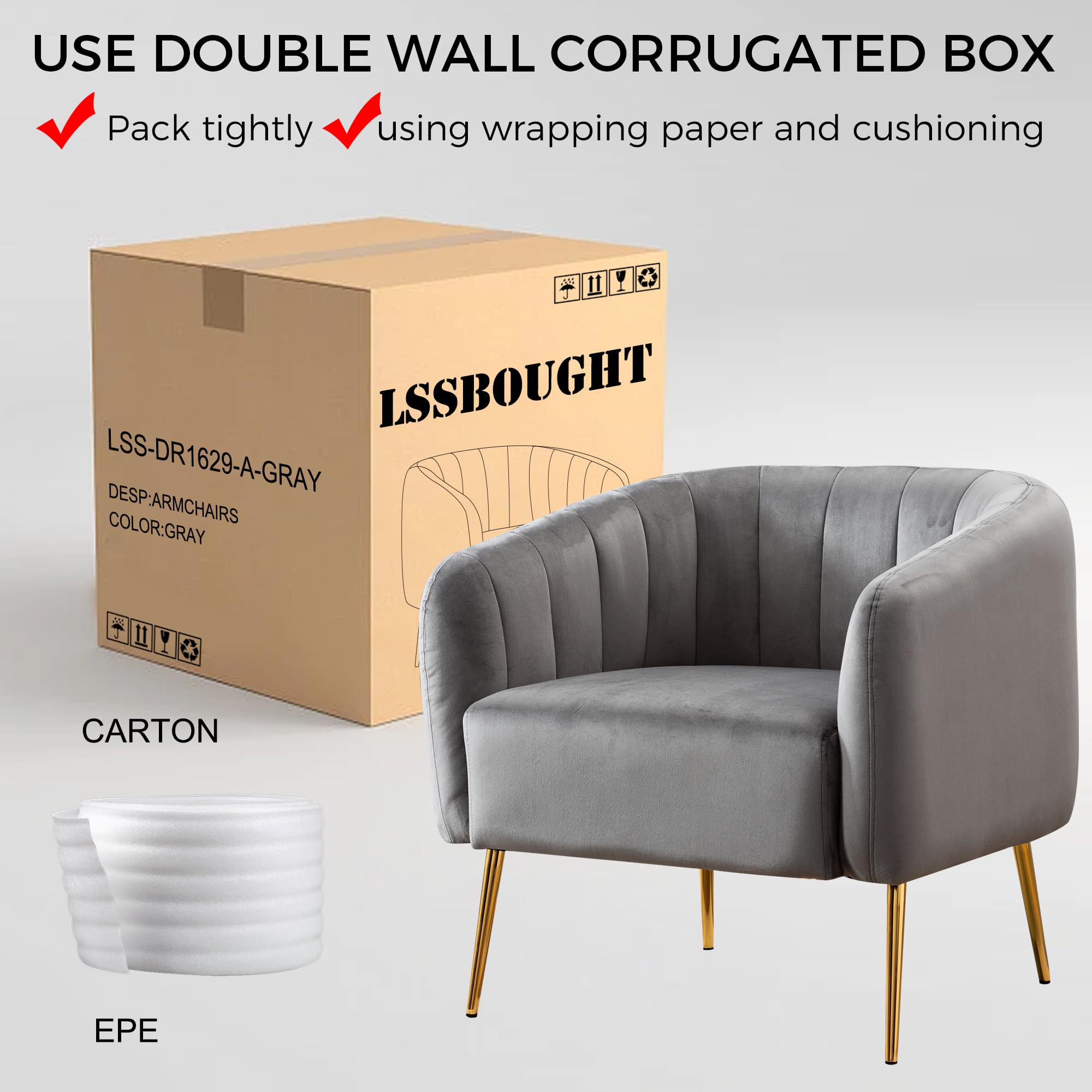LSSBOUGHT Velvet Accent Chair with Gold Metal Legs - Plush Barrel Armchair for Living Room & Bedroom - Grey Cozy Single Sofa | Perfect for Reading Nooks, Home Offices & Lounge Areas