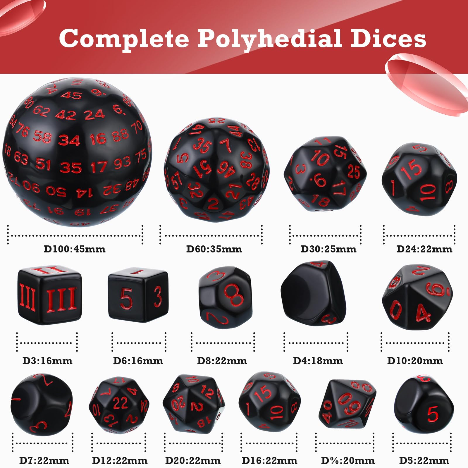 15-Piece Complete Polyhedral Dice Set D3-D100 | Opaque Black & Red RPG Dice for Dungeons & Dragons, Pathfinder & Tabletop Role-Playing Games | Perfect for Game Nights, D&D Campaigns & Gift Giving