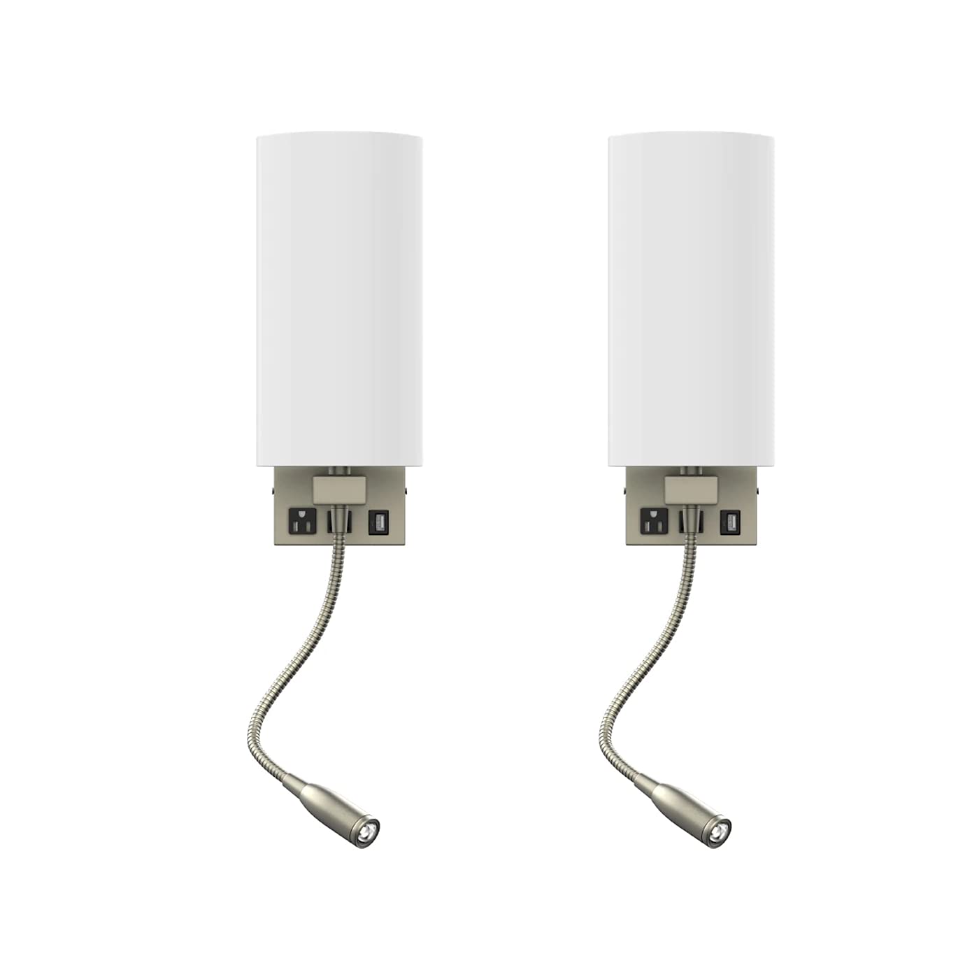 LEDMyplace Modern Swing Arm Wall Sconce Light - 120V LED Reading Light with USB Port & Outlet, Brushed Nickel Finish & White Acrylic Shade - Perfect for Bedroom, Living Room, Study & Office (Pack of 2)