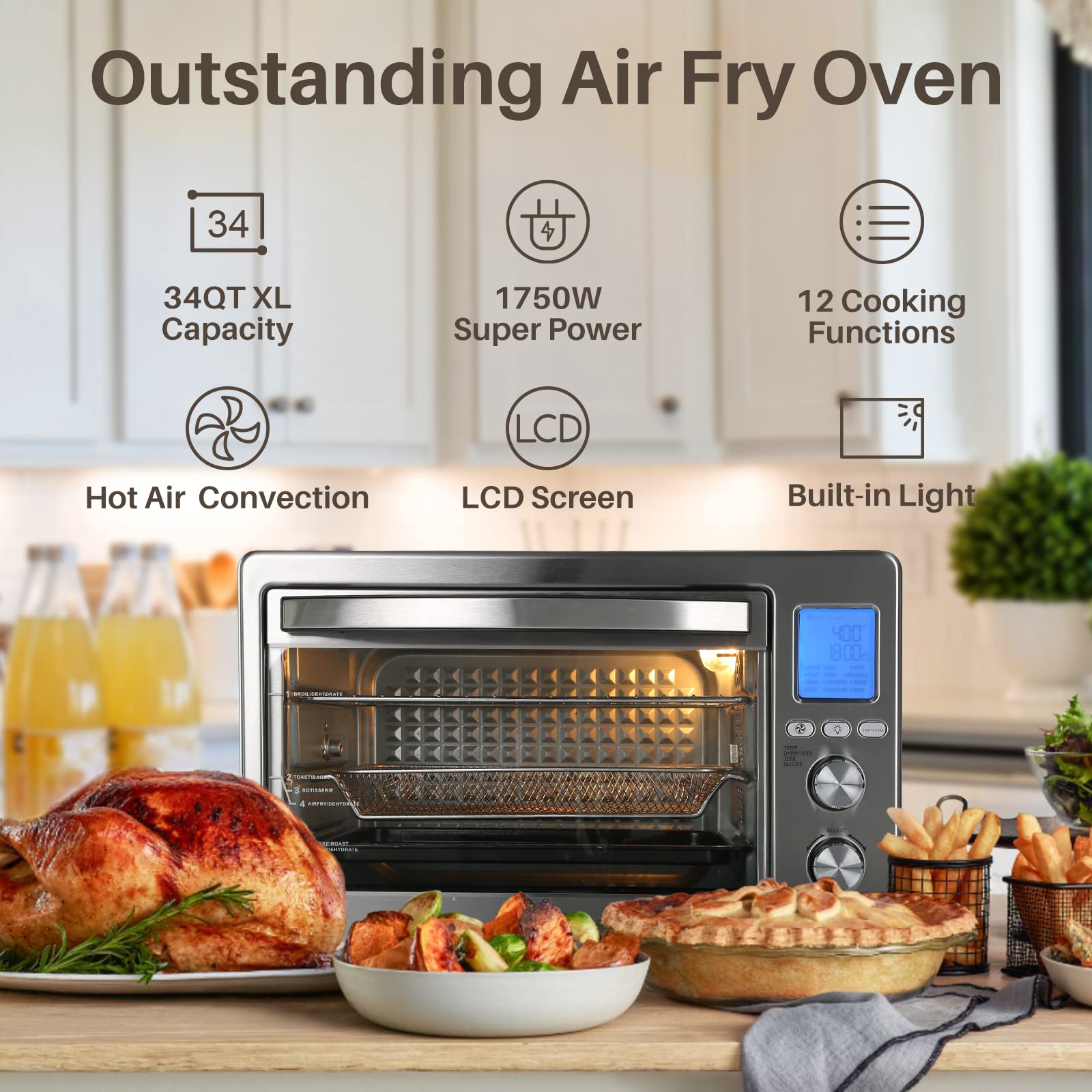 LNC 34QT Extra Large 1750W Toaster Oven Air Fryer with 12 Cooking Functions, Convection Countertop Oven for Baking, Roasting & Reheating - Perfect for Kitchens, Dorms & Small Spaces (Model A05000B)