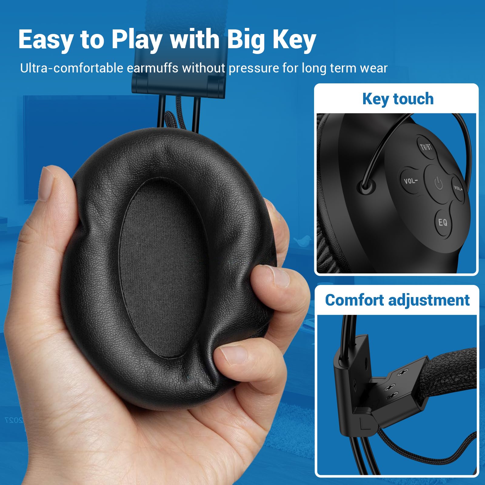 ROSIDA Wireless TV Headphones for Seniors - 295FT Range with Transmitter, Optical/AUX/RCA/USB Connectivity, High Volume Control, Long Battery Life & Zero Latency (Black) - Perfect for Nighttime TV Watching, Hearing Assistance & Private Audio Enjoyment