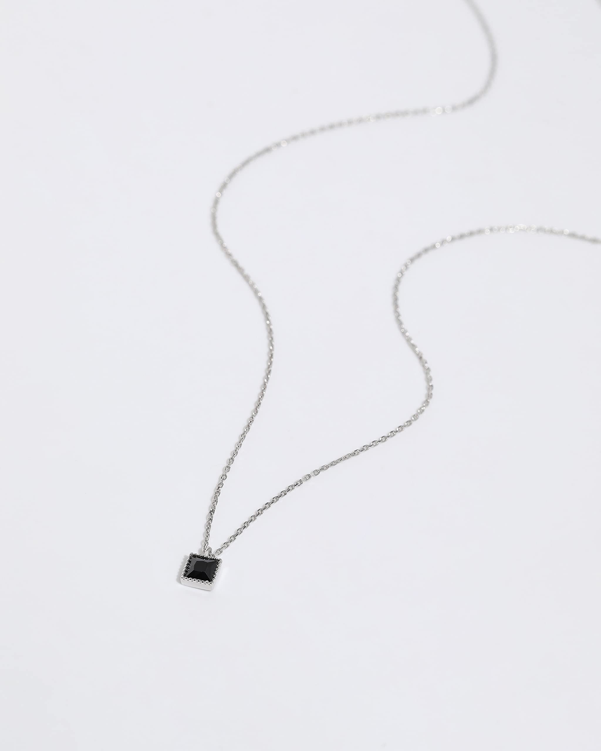 925 Sterling Silver Little Square Necklace with Black Stone - Dainty Stackable Layering Choker for Women | Perfect Birthday Gift & Everyday Jewelry for Casual or Formal Occasions