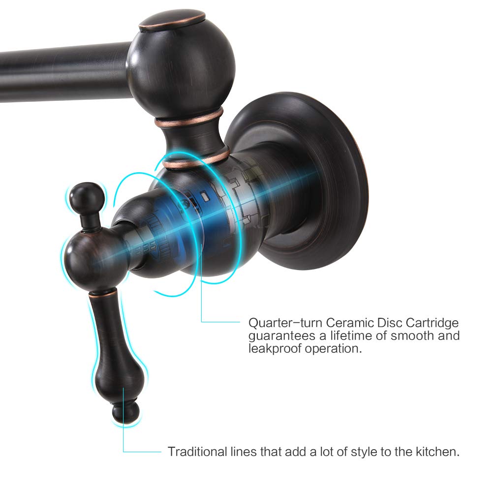 Oil Rubbed Bronze Commercial Pot Filler Faucet - Stainless Steel Wall Mount Kitchen Faucet with Folding Stretchable Double Joint & 2 Handles - Perfect for Restaurant, Home Kitchen & High-Traffic Sink Areas
