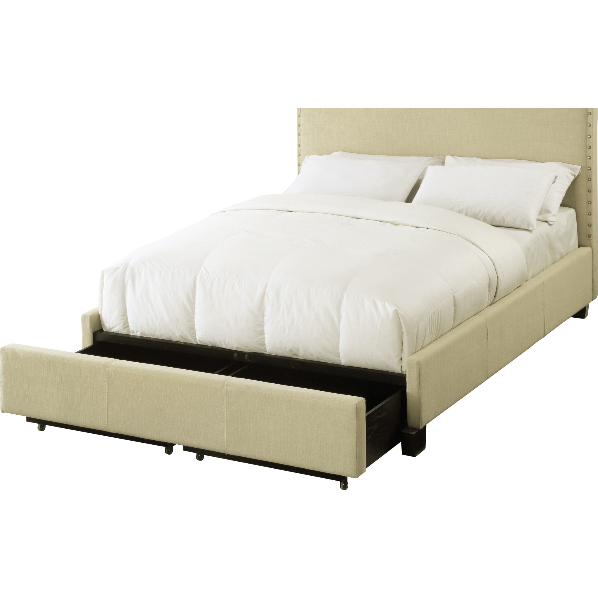 Tavel Nailhead Footboard Storage Bed in Tumbleweed - Queen Size Upholstered Platform Bed with Underbed Storage - Perfect for Small Bedrooms and Guest Rooms
