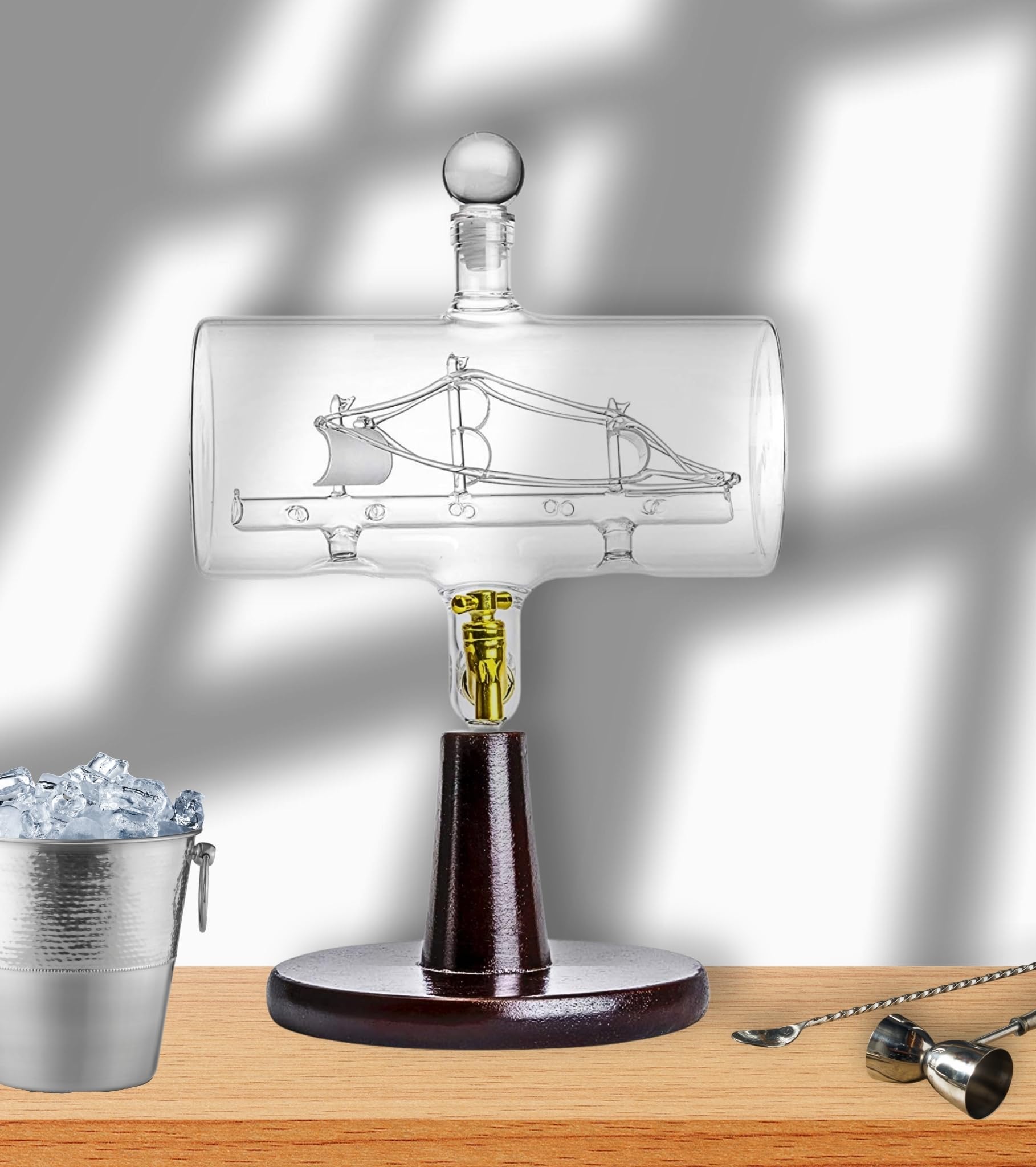 Premium Handcrafted 38oz Whiskey Decanter Set - Glass Liquor Dispenser with Wooden Stand, Bar Funnel & Ship Design - Perfect for Home Bars, Gifts & Whiskey Enthusiasts