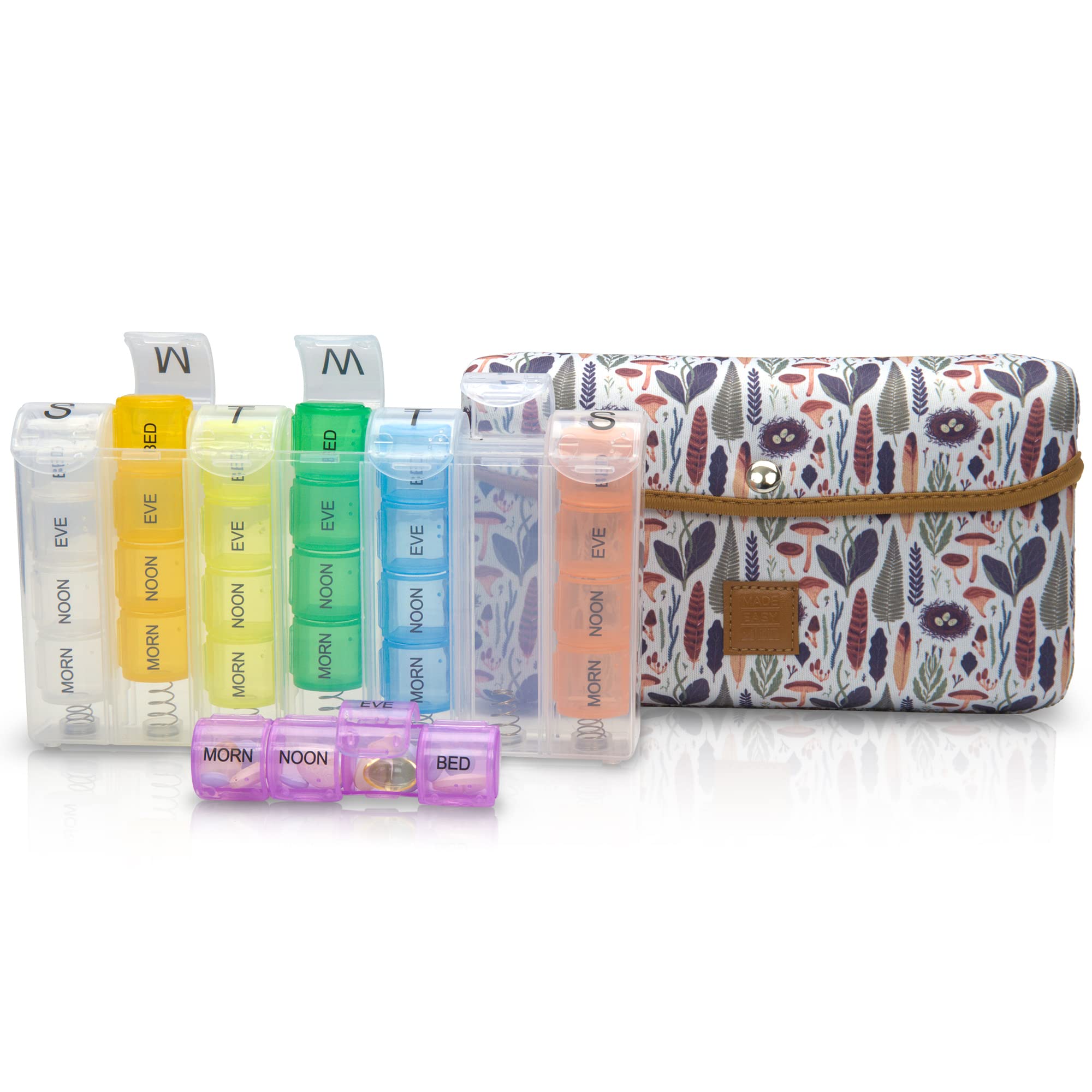 7-Day Large Pill Organizer with 28 Compartments - Neoprene Travel Case for Daily Medicine & Vitamin Storage (Morning, Noon, Evening, Bedtime) - Perfect for Weekly Medication Management & Travel (Brown Woods)