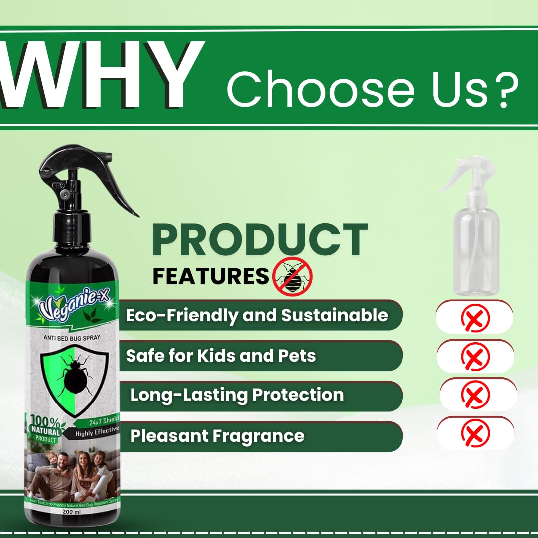 Veganie-X Natural Bed Bug Killer Spray - Organic Herbal Insect Repellent for Long Lasting Protection | Fast Acting Formula | Safe for Kids & Pets with Pleasant Fragrance (200ml) | Perfect for Mattresses, Furniture & Travel Use