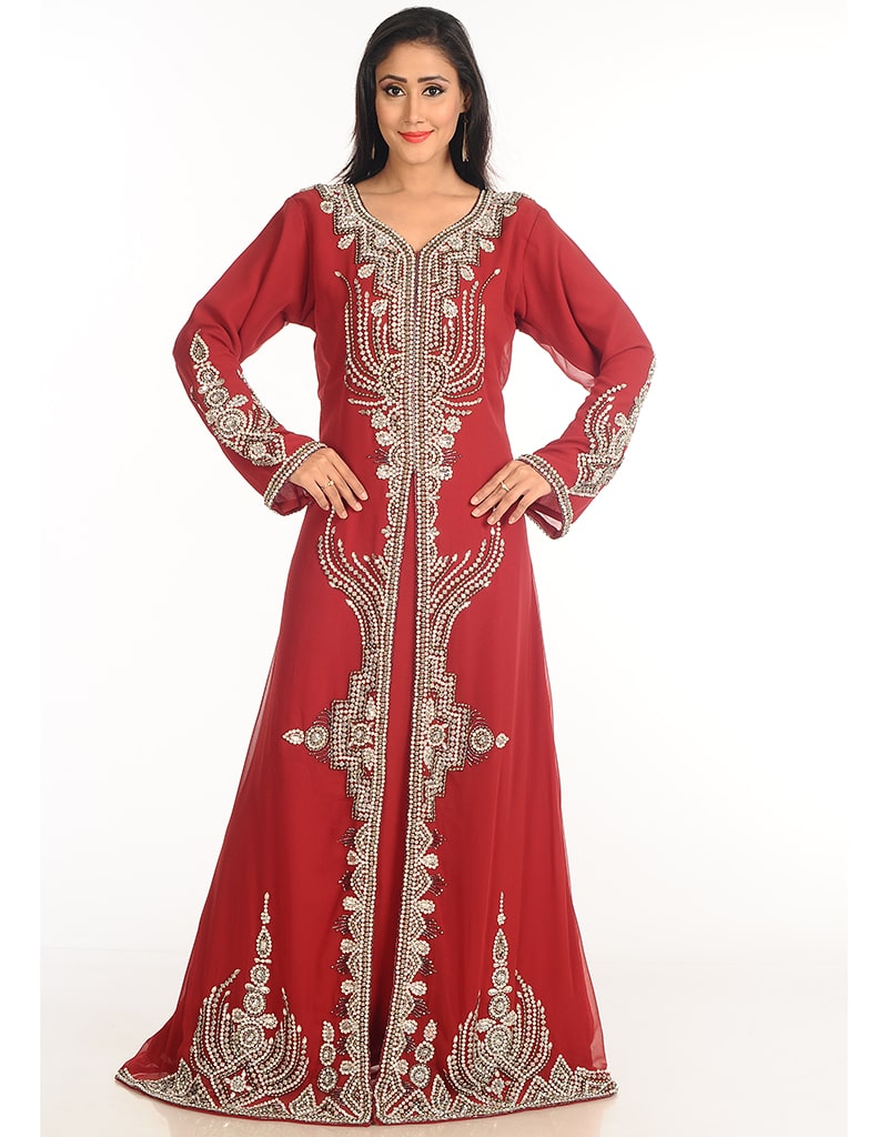 Elegant Arabic Maroon Georgette Kaftan with Hand Zari Embroidery - Perfect for Weddings, Parties & Special Occasions
