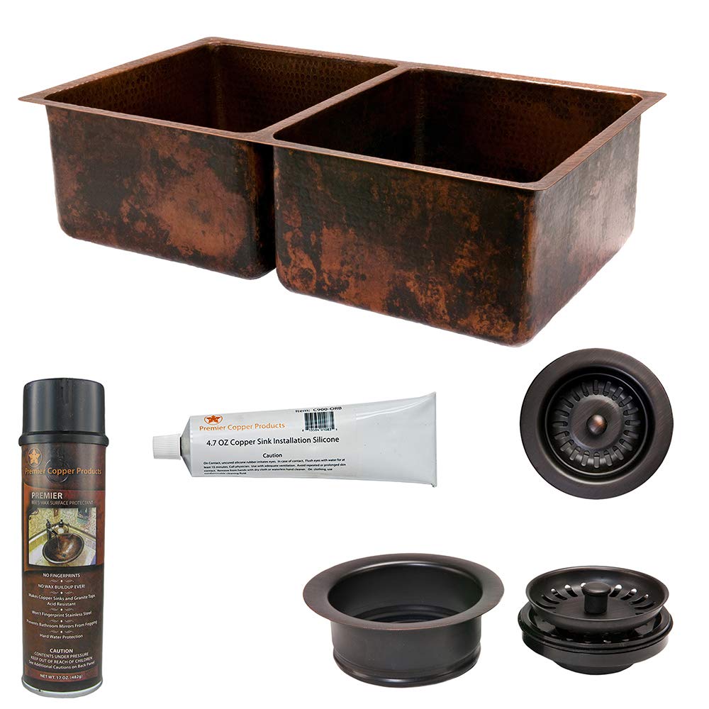 Premier Copper Products KSP3_K50DB33199 33-Inch Basin Split Copper Kitchen Sink with Drain - Rust-Resistant, Durable & Stylish for Modern Farmhouse & Rustic Kitchens