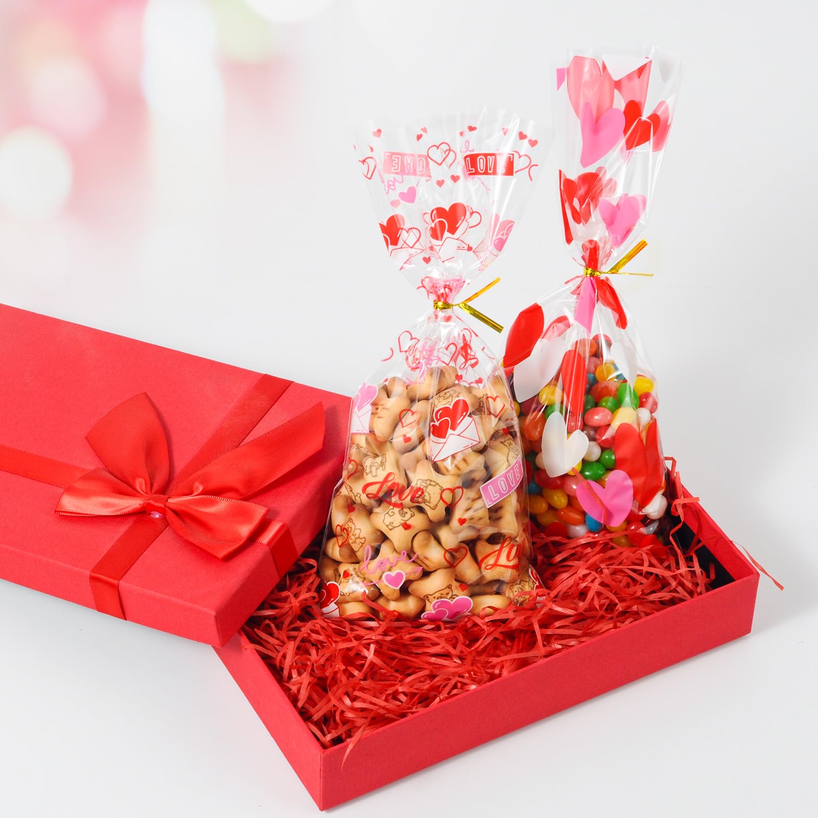 50 Pack Valentine's Day Cellophane Gift Bags with Twist Ties - Red Heart Shaped Treat Bags for Candy, Party Favors, Wedding & Anniversary Supplies - Perfect for Valentine's Gifts, Birthday Parties & Holiday Celebrations