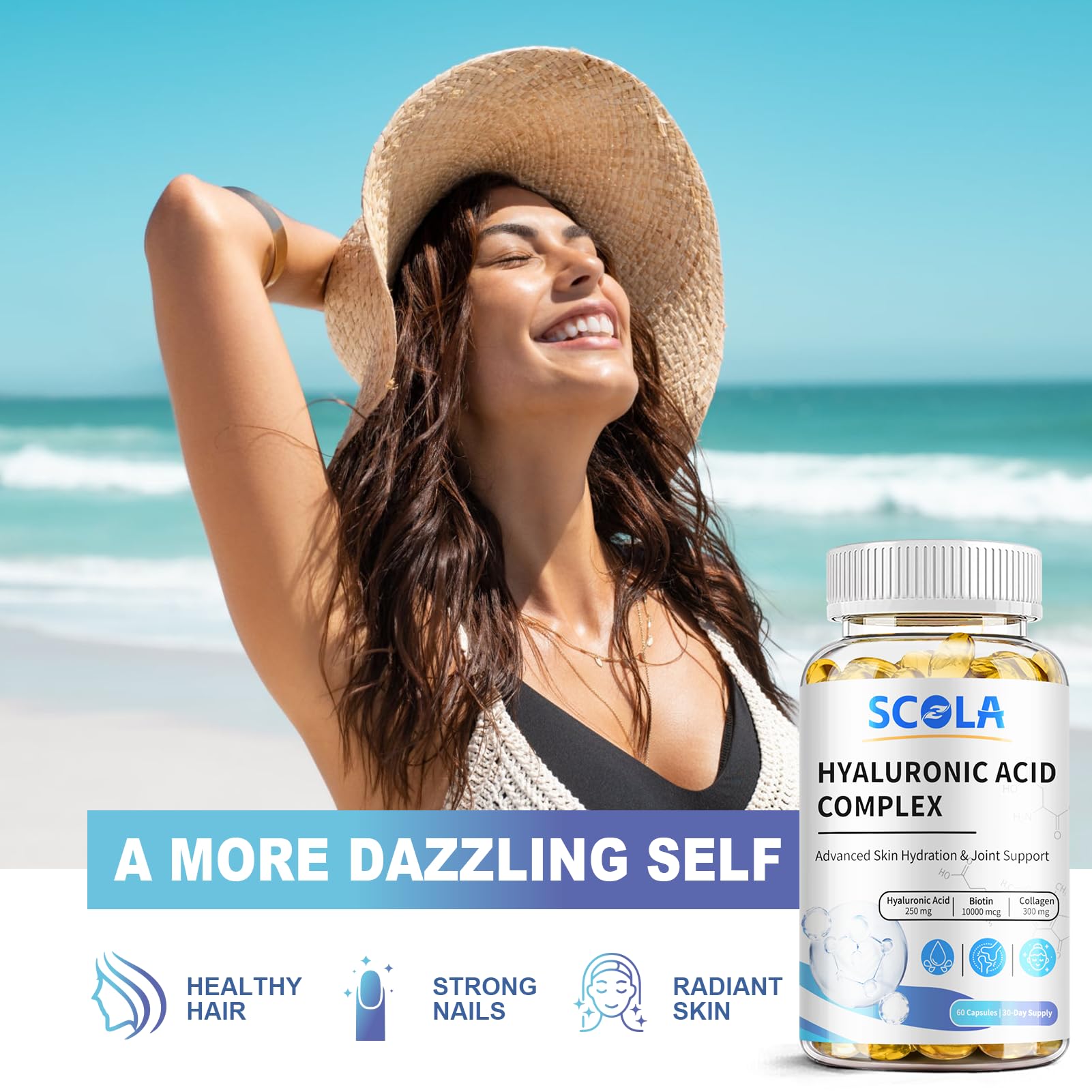 Premium Hyaluronic Acid Supplements 250mg with Vitamin C, Collagen & 10000mcg Biotin - Advanced Skin Hydration, Joint Support & Anti-Aging Formula - 60 Vegan Capsules for Glowing Skin & Healthy Joints - Perfect for Daily Beauty Routine & Active Lifestyle