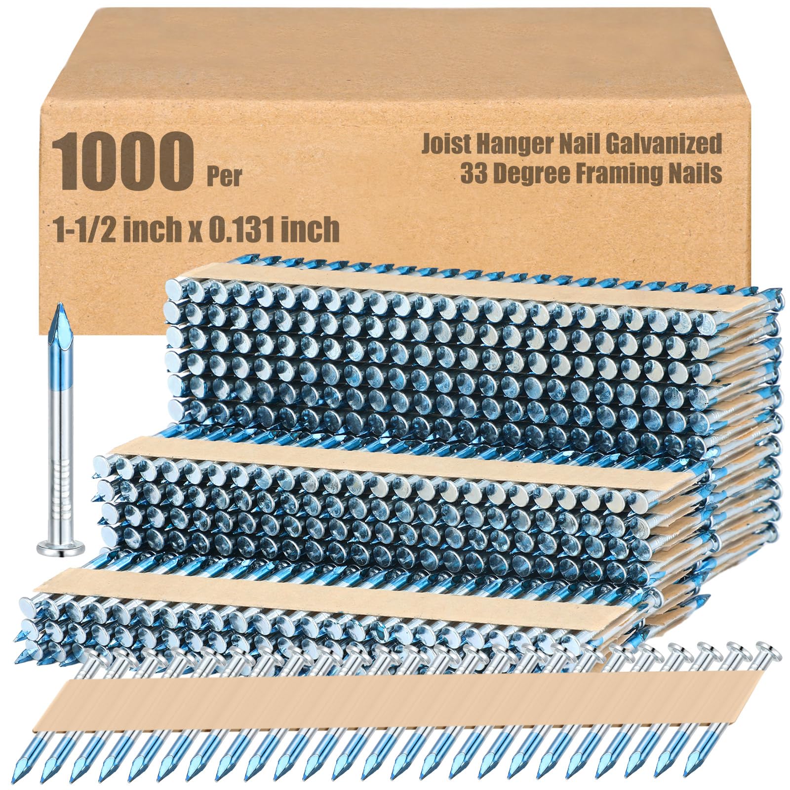 Tandefio 1000-Pack Galvanized Joist Hanger Nails - 1-1/2 x 0.131 Inch 33-Degree Framing Nails with Round Head & Smooth Shank - Blue Tip Paint for Wood Framing, Deck Building & Construction Projects