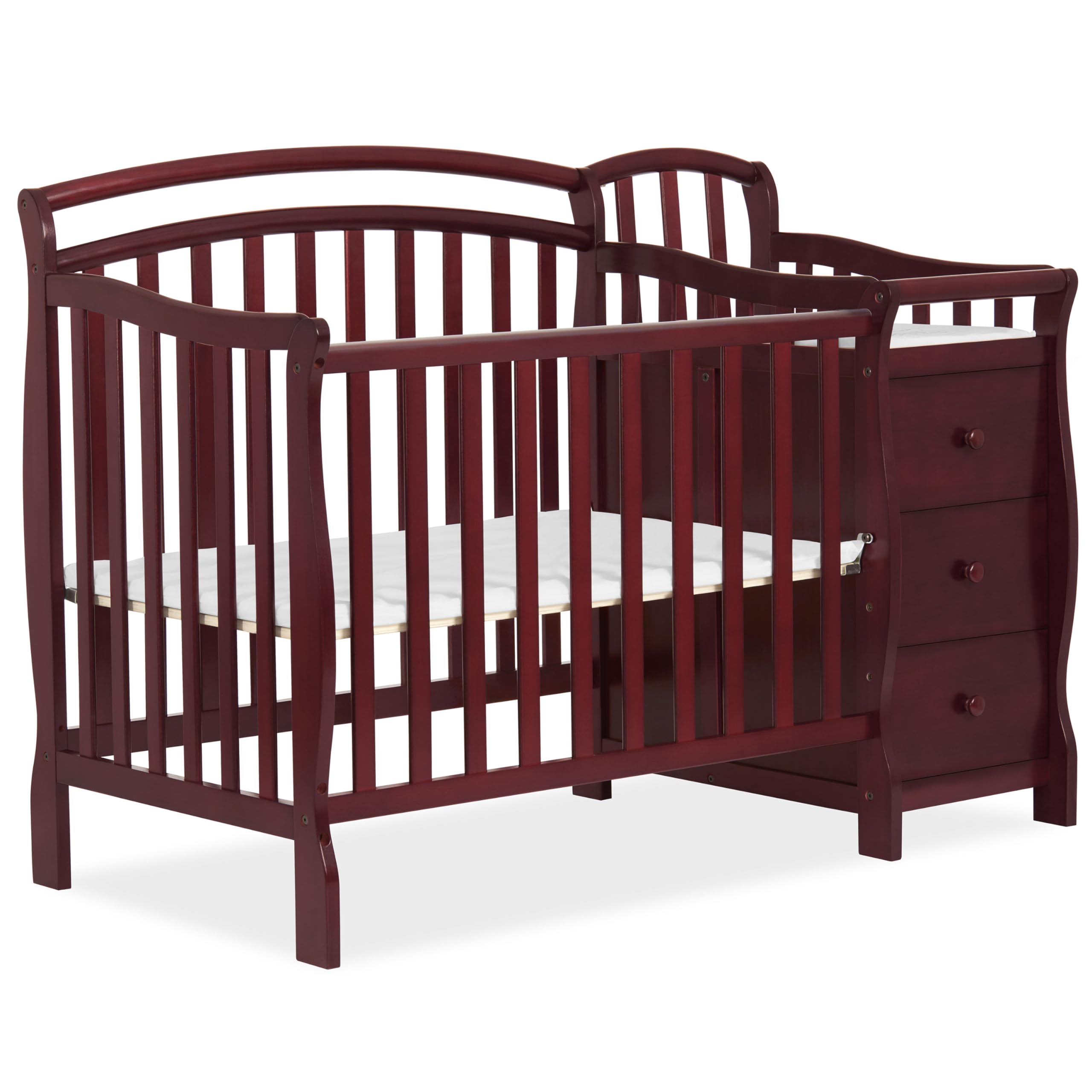 Dream On Me Casco 3-in-1 Convertible Mini Crib with Changing Table - Cherry Finish Pinewood Baby Crib with 3 Adjustable Mattress Heights | Nursery, Bedroom & Small Space Solution
