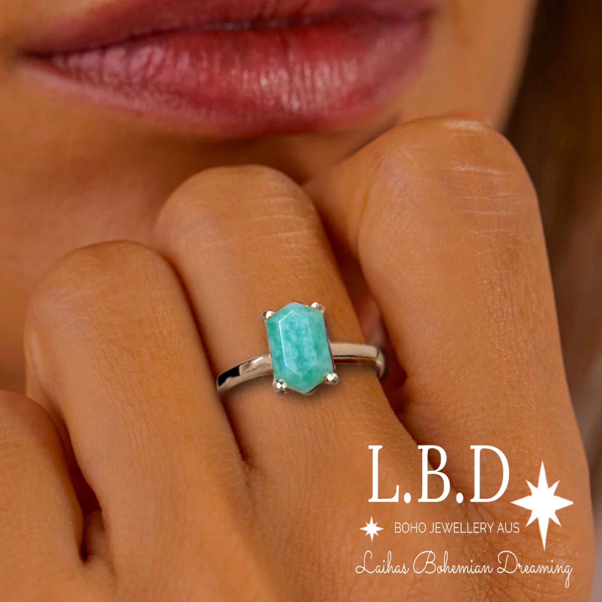 Amazonite Crystal Ring - Mini Hexagon Silver Jewelry for Women, Healing Stone Gift for Meditation & Spiritual Energy - Perfect for Yoga, Reiki & Everyday Wear