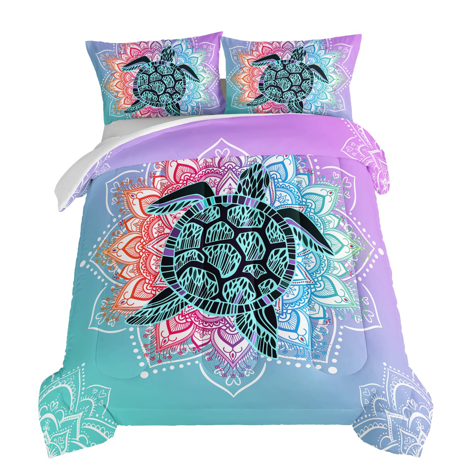 **HOSIMA Coastal Beach Themed Sea Turtle Comforter Set – Queen Size for Kids & Teens, Boys & Girls Room Decor, Mandala Turtle Bedding with 2 Pillowcases – Perfect for Beach House, Dorm, or Boho Chic Bedroom**