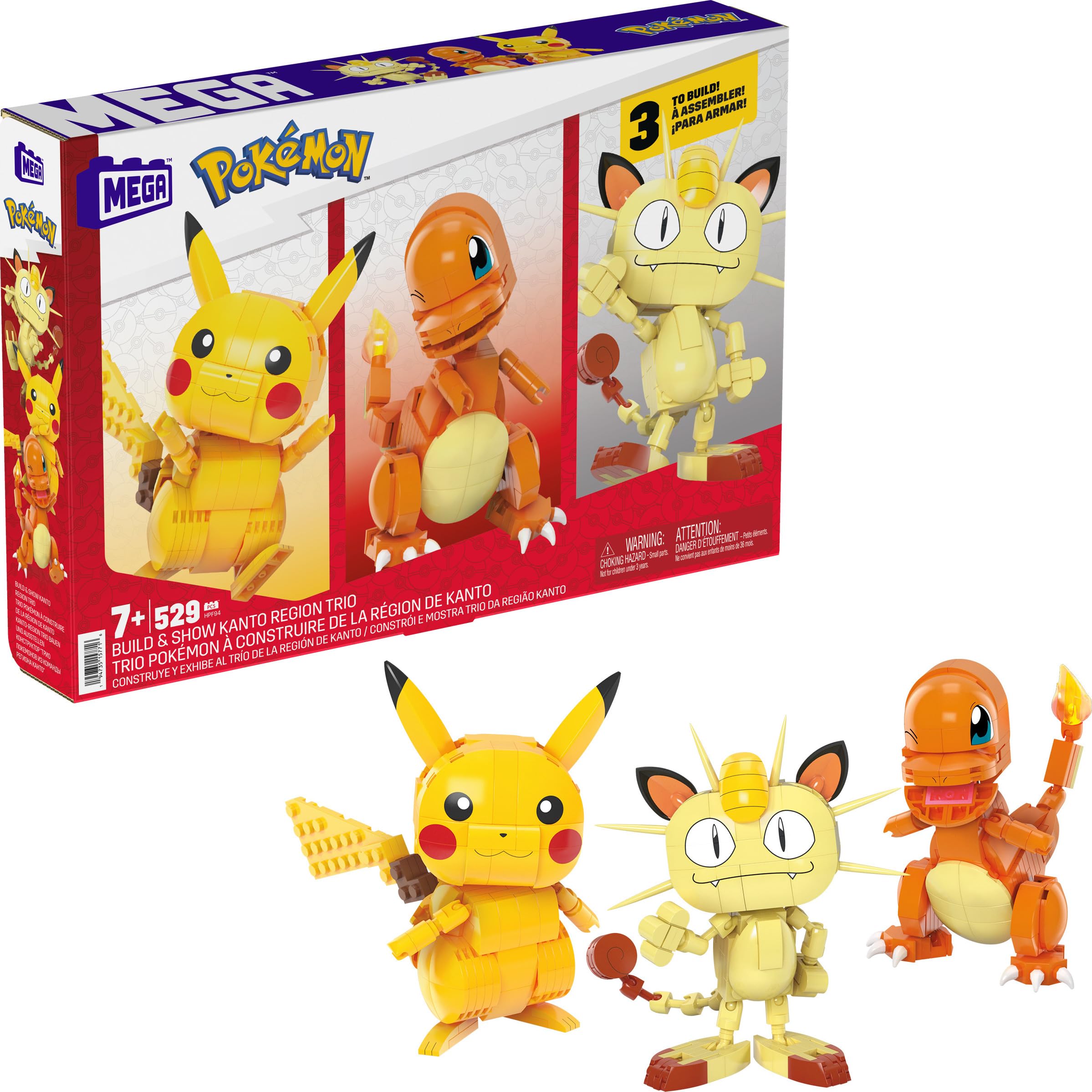 Pokémon Building Toys Set - Kanto Region Trio with 529 Pieces, 3 Poseable 4-Inch Figures - Creative STEM Educational Gift for Kids - Perfect for Birthday, Christmas & Playtime Fun