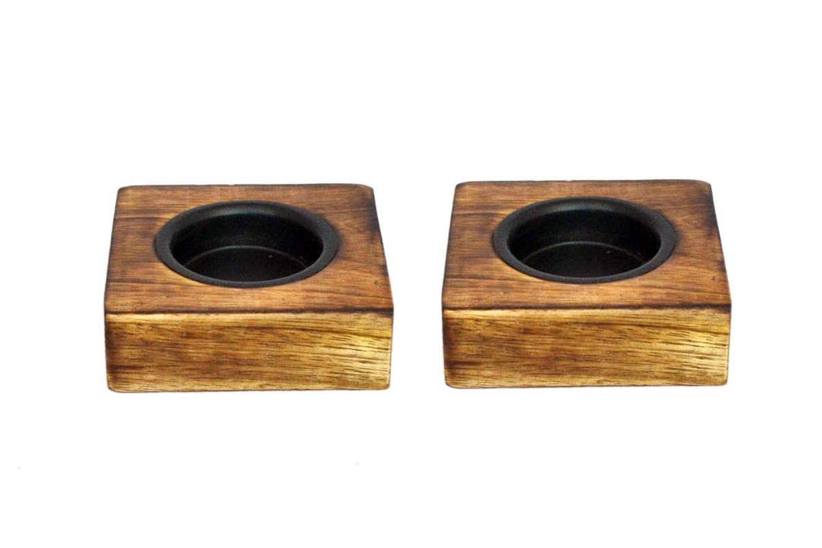 Wooden Votive Candle Holder Set of 2 - Rustic Metal & Wood Tealight Candle Tray for Home Decor, Wedding Centerpieces & Romantic Valentine's Day Ambiance
