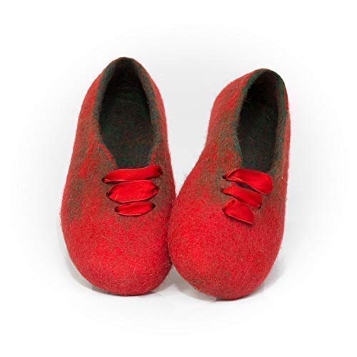 Handmade Wool Slippers with Red Silk Laces - Cozy Winter House Shoes for Women | Perfect Mother's Day Gift for Her | Warm Indoor/Outdoor Comfort for Home, Office & Travel