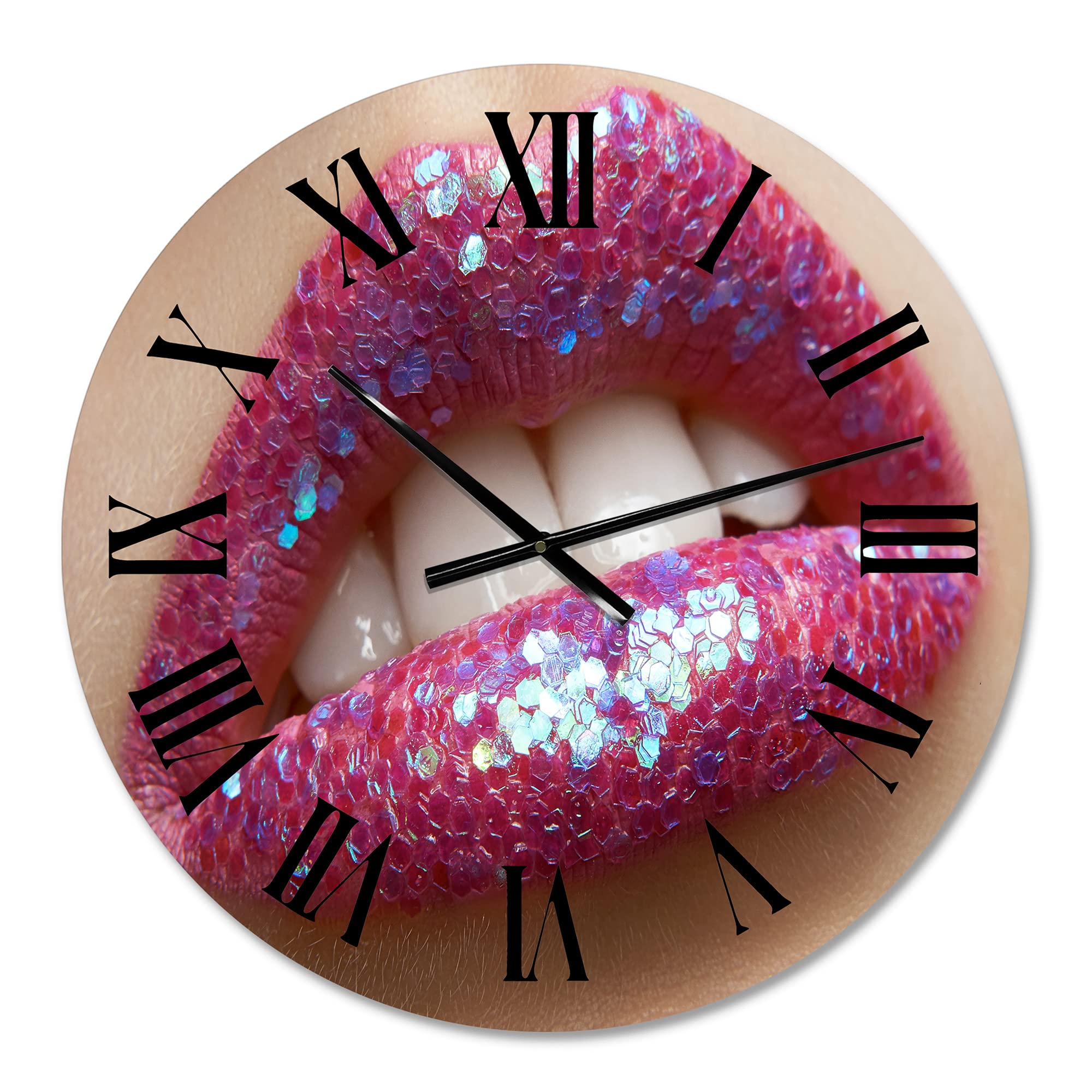 DesignQ Modern Wall Clock - Large Pink Lipstick & Sequins Woman Lips Art Decor for Living Room, Bedroom, Office | Unique Gift Idea for Women