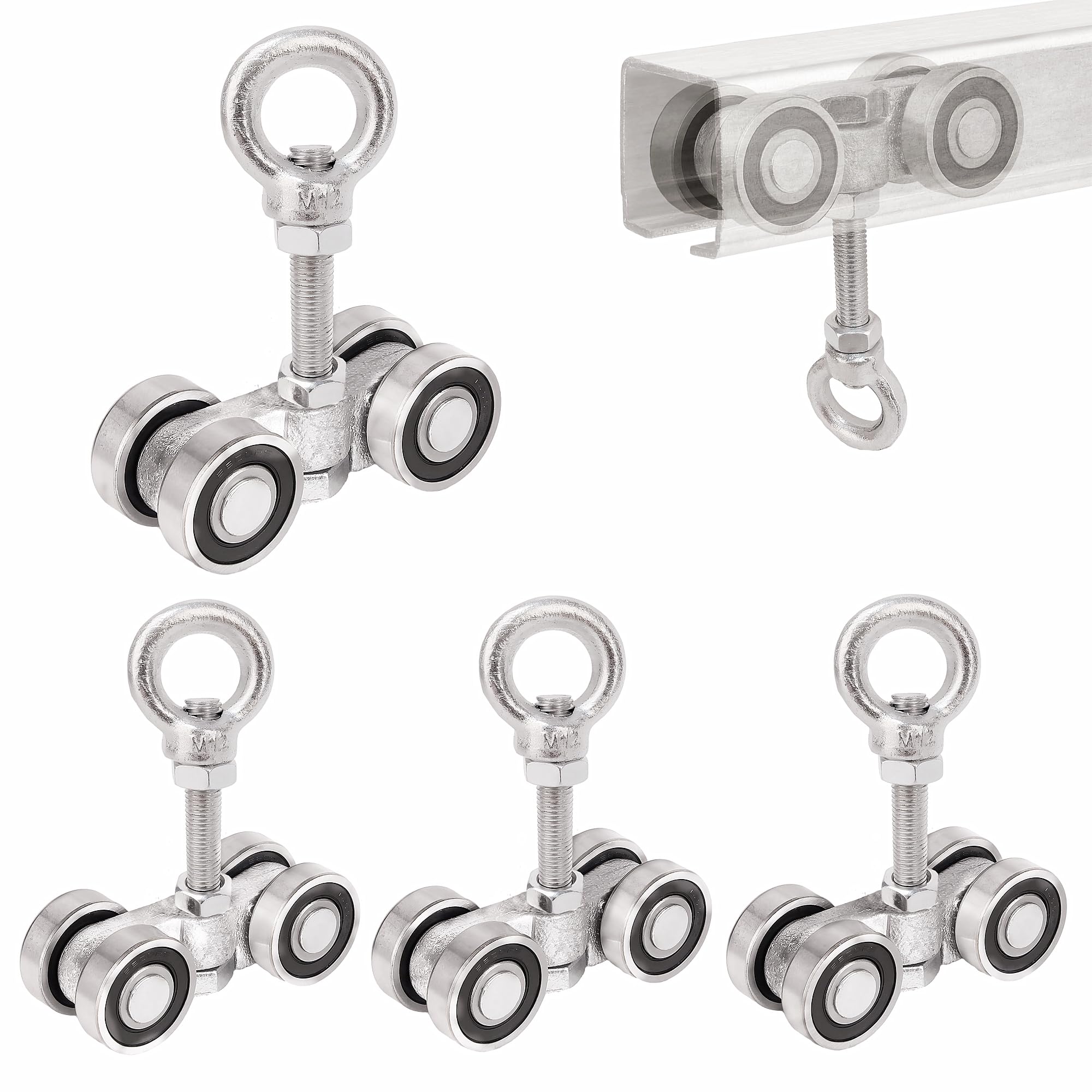 4 Wheel Unistrut Trolley - Heavy Duty Silent Roller Assembly with M12 Bolt & Lifting Eye Nuts - Compatible with 1-5/8