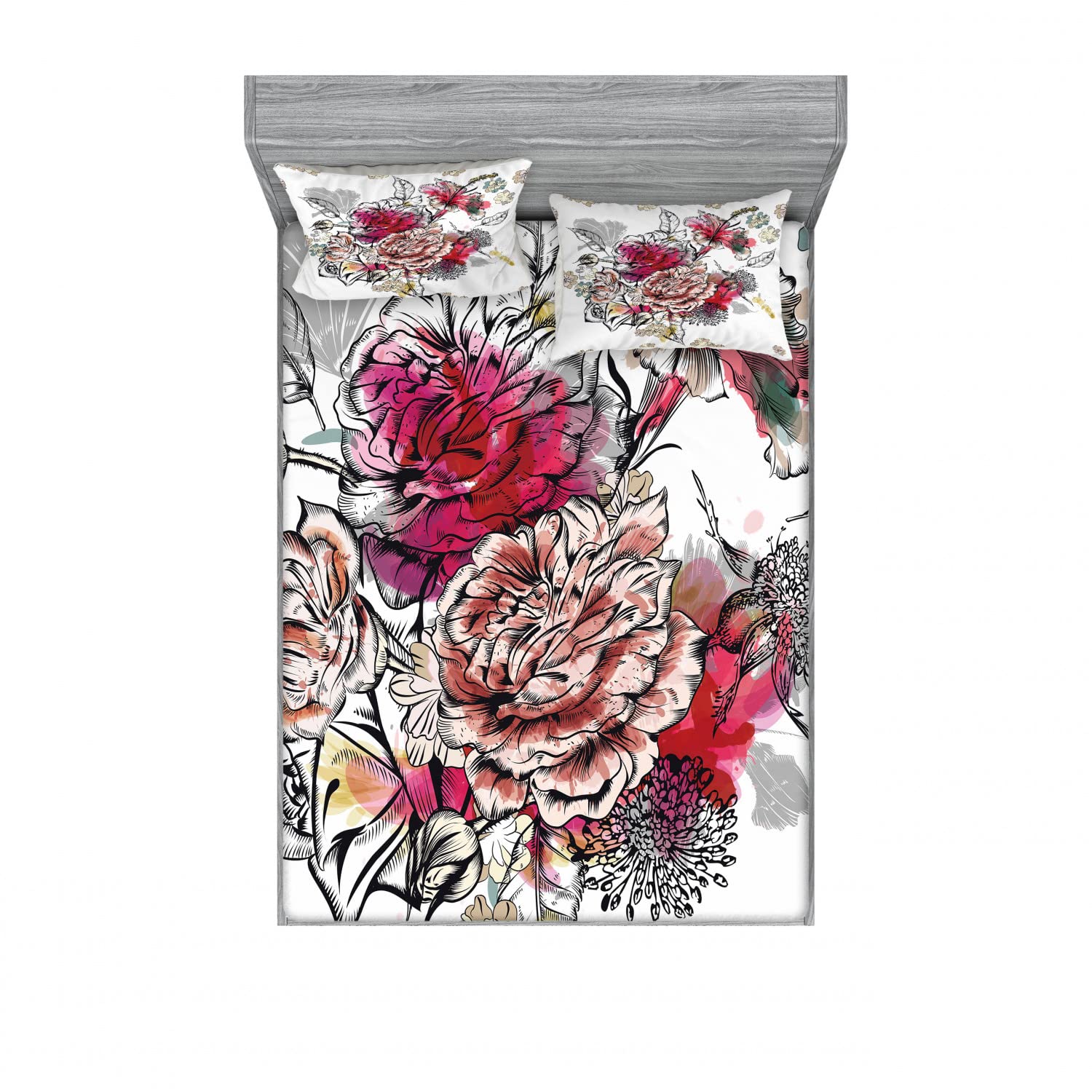 Ambesonne Floral Queen Size 4-Piece Bedding Set - 2 Fitted Sheets & 2 Pillow Shams, Vintage Wedding Theme with Multicolor Floral Pattern - Perfect for Master Bedroom, Guest Room, and Romantic Home Decor