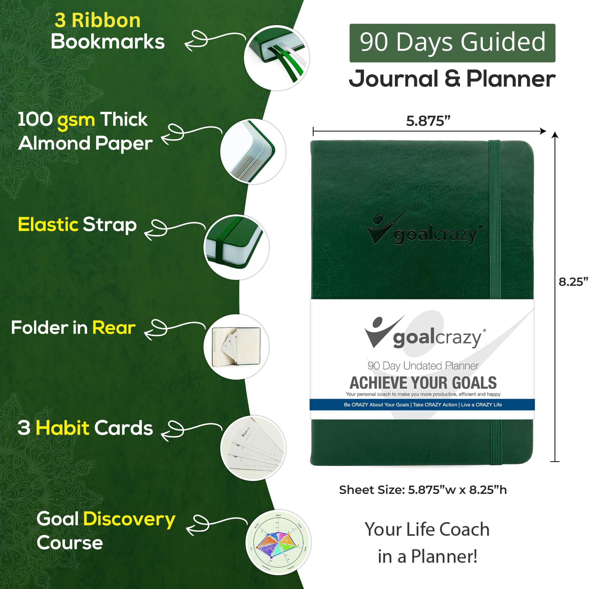 90 Day Undated Planner & Guided Journal - Weekly Organizer, Productivity Habit Tracker for Goal Setting (2025-2026) | Inspirational Leather Notebook with Almond Pages in Forest Green | Perfect for Work, School, and Personal Development