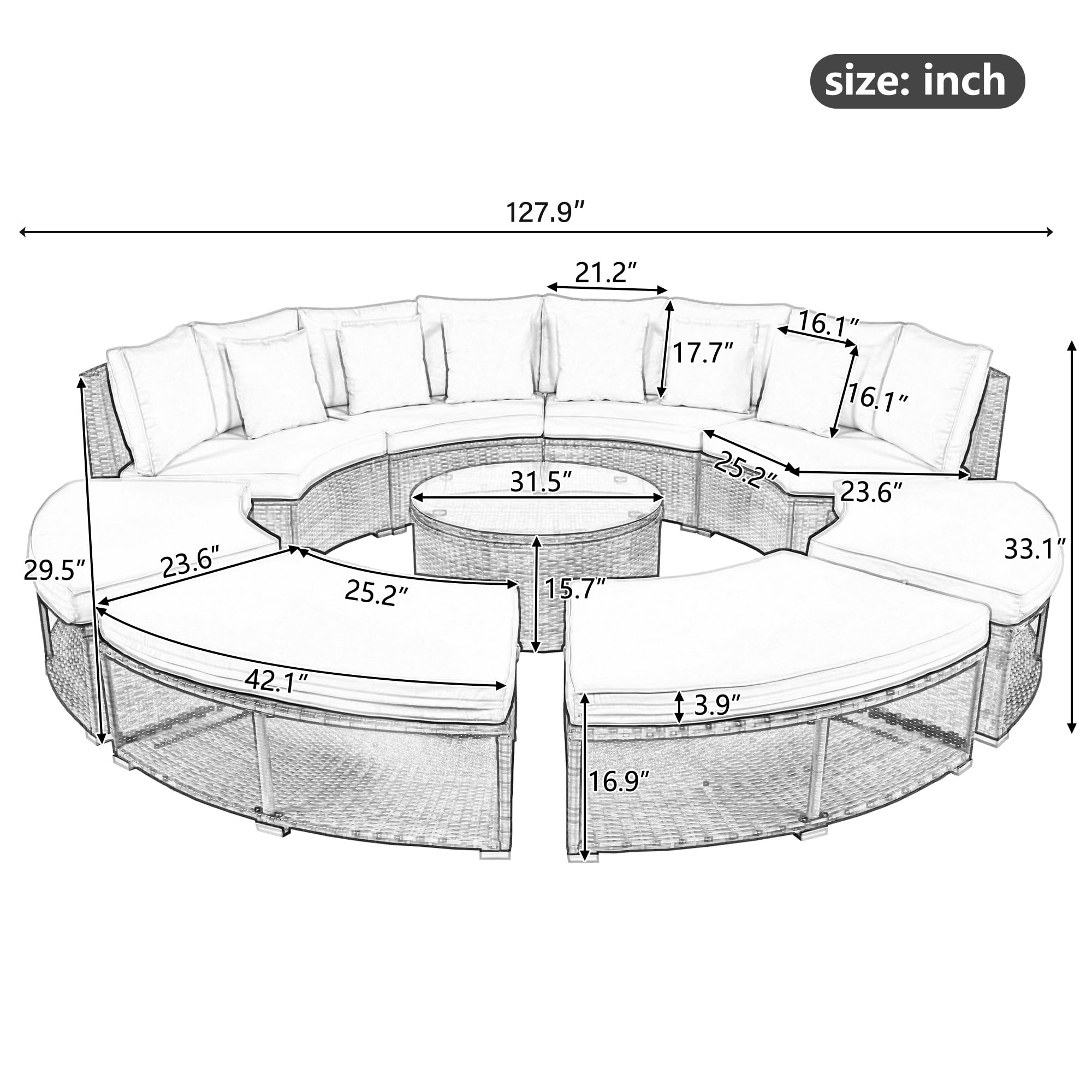 Luxury 9-Piece Outdoor Patio Furniture Set - Merax Circular Rattan Wicker Sectional Sofa with Tempered Glass Coffee Table & 4 Pillows for Garden, Poolside, Backyard Relaxation