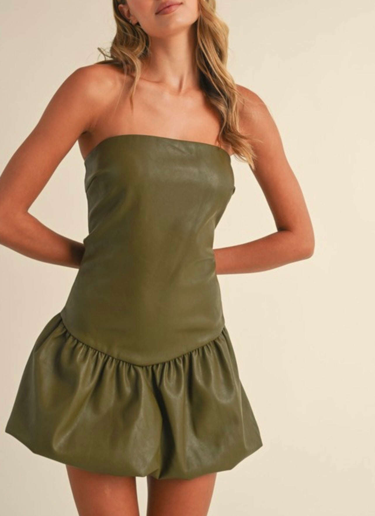 Stylish Olive Faux Leather Chevron Drop Waist Mini Dress for Women | Trendy Party & Night Out Outfit | Perfect for Dates, Clubs & Special Occasions