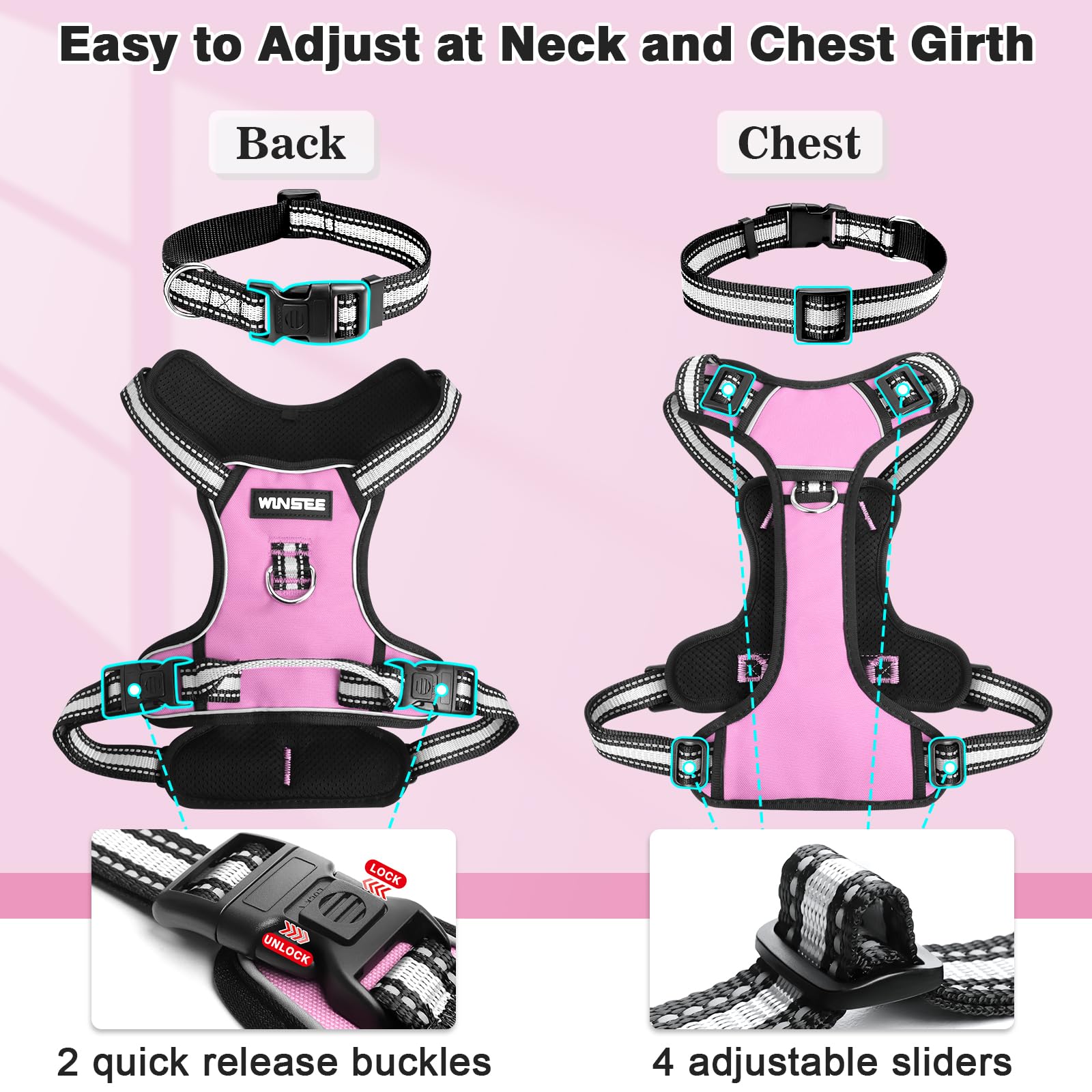 WINSEE No Pull Dog Harness with Collar - Adjustable Reflective Oxford Vest for Small Medium Large XL Dogs - Front & Back Leash Clips & Easy Control Handle - Perfect for Walking, Hiking & Outdoor Adventures