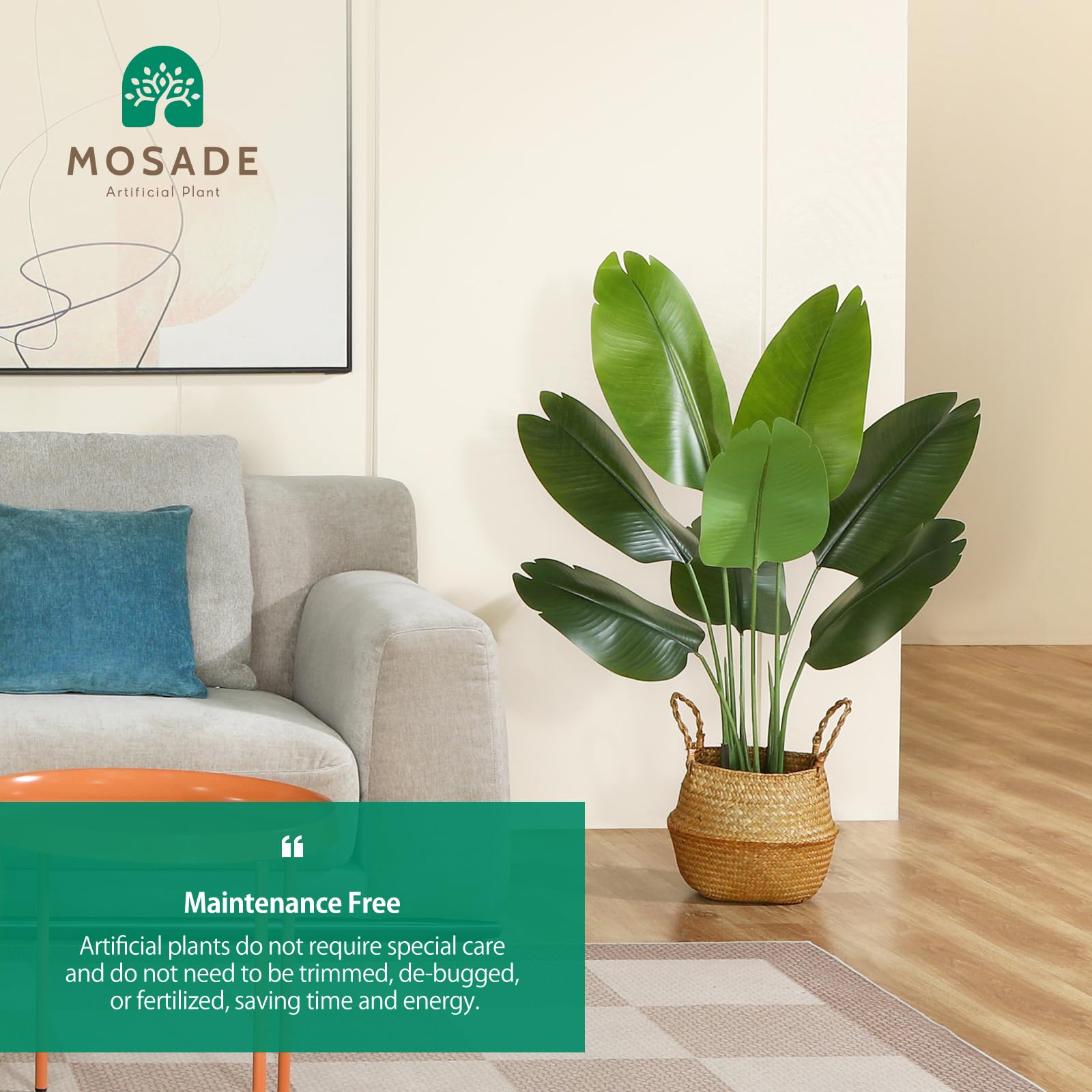 MOSADE 4FT Artificial Bird of Paradise Plant - Tall Fake Tropical Palm Tree with Woven Seagrass Basket, Realistic Faux Tree, 8 Detachable Trunks Silk Plants for Modern Home Decor, Indoor Office, Living Room, Bedroom, or Balcony - 2 Pack