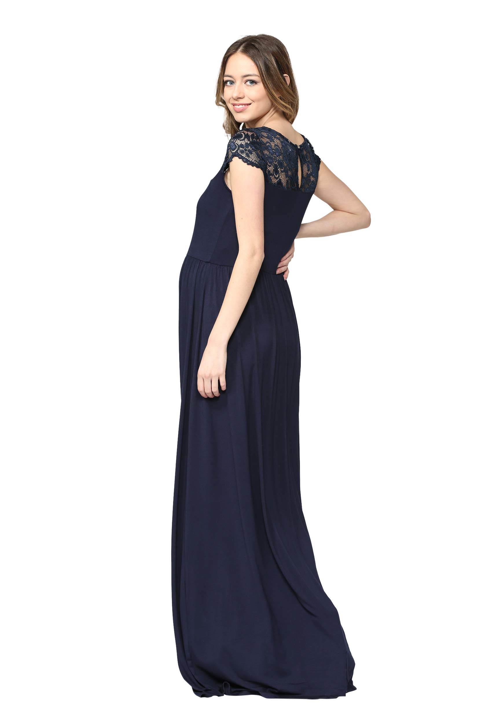 HELLO MIZ Women's Flowy Maxi Maternity Dress with Elegant Lace Yoke - Perfect for Pregnancy, Nursing & Special Occasions