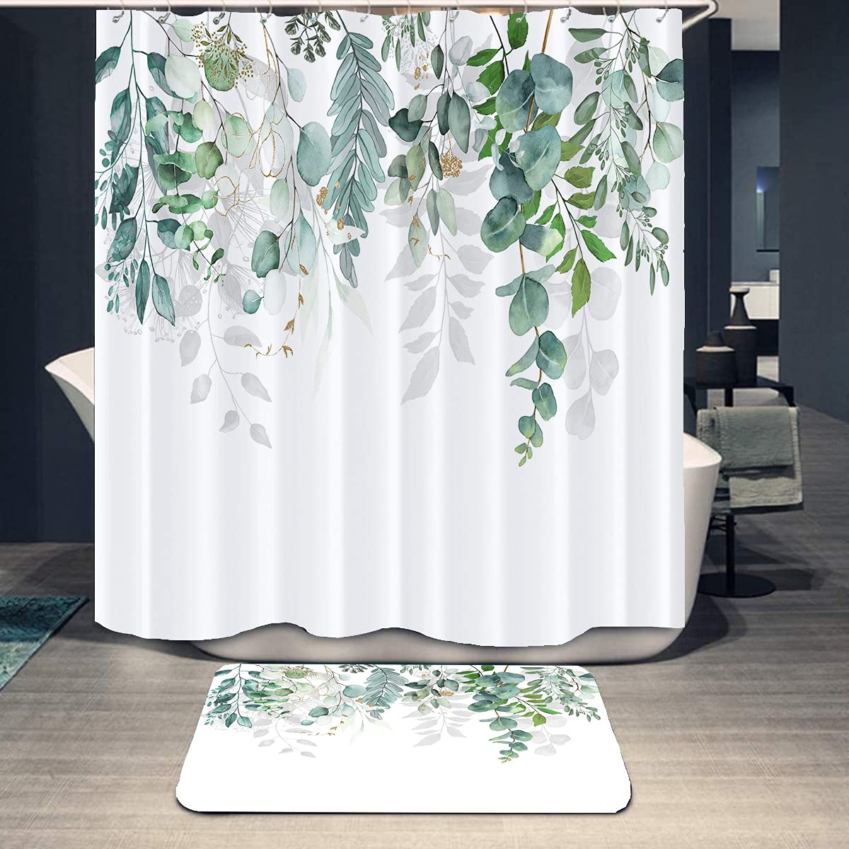 Xianshime Green Leaves Shower Curtain Set - Watercolor Botanical Bathroom Decor with Matching Rug, 72x72 Inch, Nature-Inspired Floral Design for Modern Bathrooms | Perfect for Home Spa, Guest Bathrooms & Apartment Decor