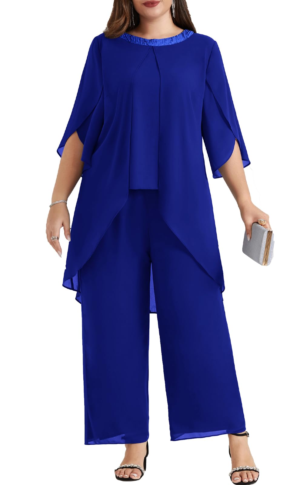 Hanna Nikole Plus Size Mother of The Bride Pant Suits - 2 Piece Chiffon Dressy Wedding Guest Outfit with High Low Hem - Elegant Formal Wear for Weddings, Parties & Special Occasions