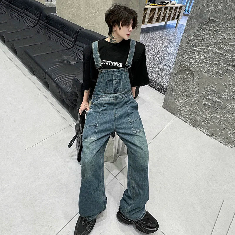 Men's Denim Overalls - American Style Washed Patchwork Straight Wide Leg Jeans for Men | Trendy Spring Outfit | Perfect for Casual Wear, Work & Outdoor Activities