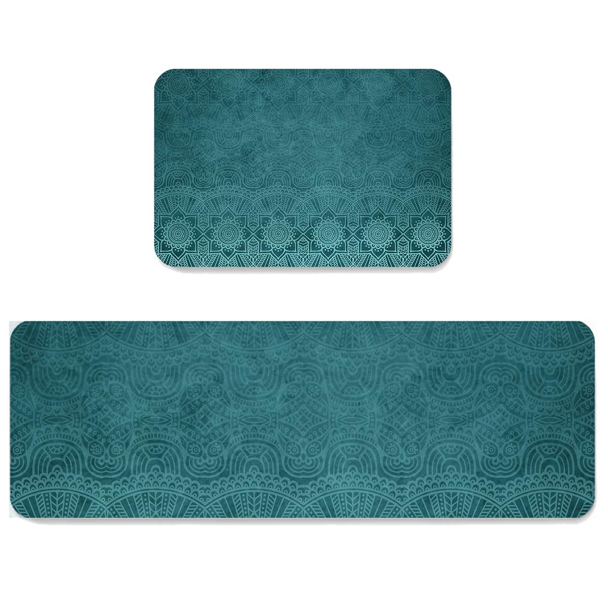 2-Pack Anti-Fatigue Kitchen Mats - Non-Slip Bohemian Mandala Design Rugs for Kitchen, Sink, Laundry & Home Office - Teal Floor Mat Set for Comfort & Style