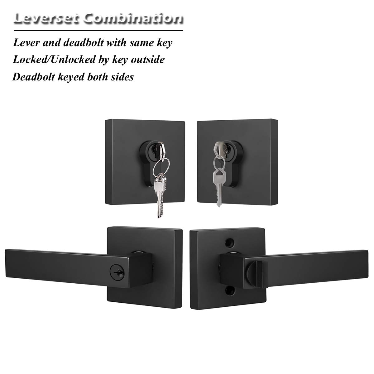 Gobrico 2-Pack Matte Black Exterior Door Lever & Deadbolt Combo Set - Keyed Alike Square Handle with Double Cylinder Deadbolt - Entry Door Lockset Hardware for Home, Office & Commercial Security