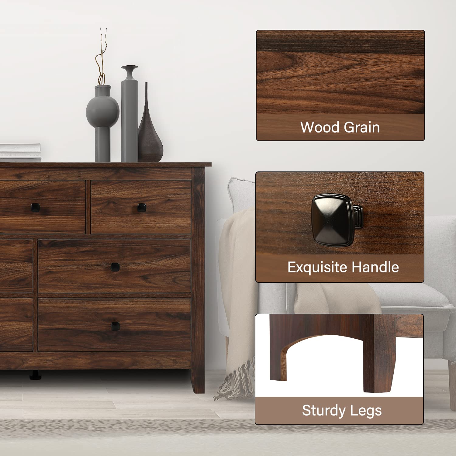 LTMEUTY 7-Drawer Wooden Dresser for Bedroom - Rustic Brown Wood Grain Chest Dresser, Horizontal Storage Furniture | Perfect for Bedroom Organization, Guest Room & Apartment Decor