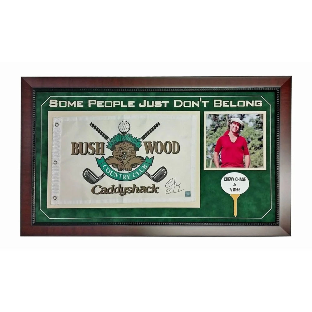 Chevy Chase Autographed Caddyshack Memorabilia - Signed Flag, Frame & Collage with COA & Bushwood Country Club Pin - Perfect for Movie Fans & Collectors