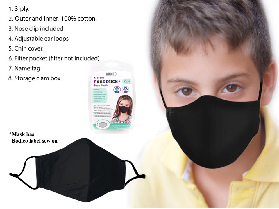 BODICO Kids Black Washable Face Mask - Reusable Cloth Mask for School, Travel & Daily Protection - 84325